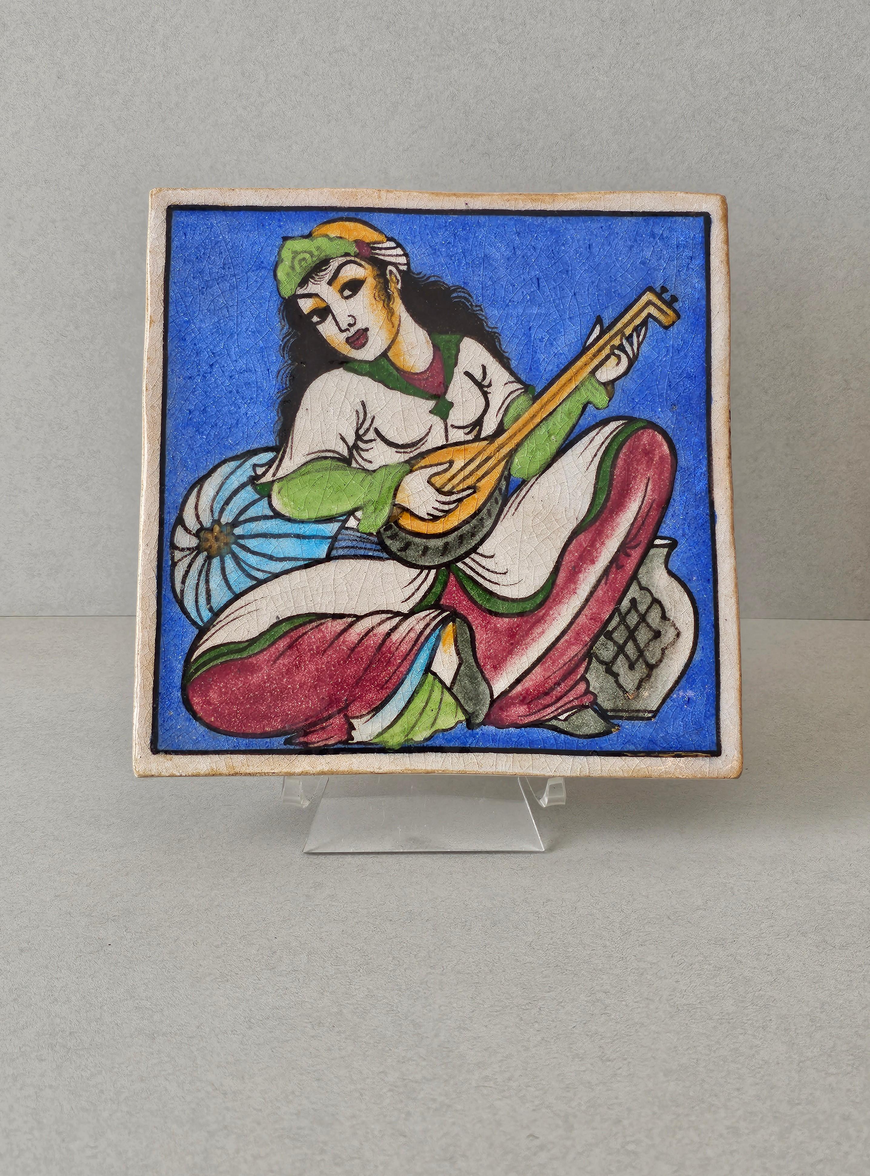Indo-Persian Hand Painted Ceramic Wall Tile  For Sale 9