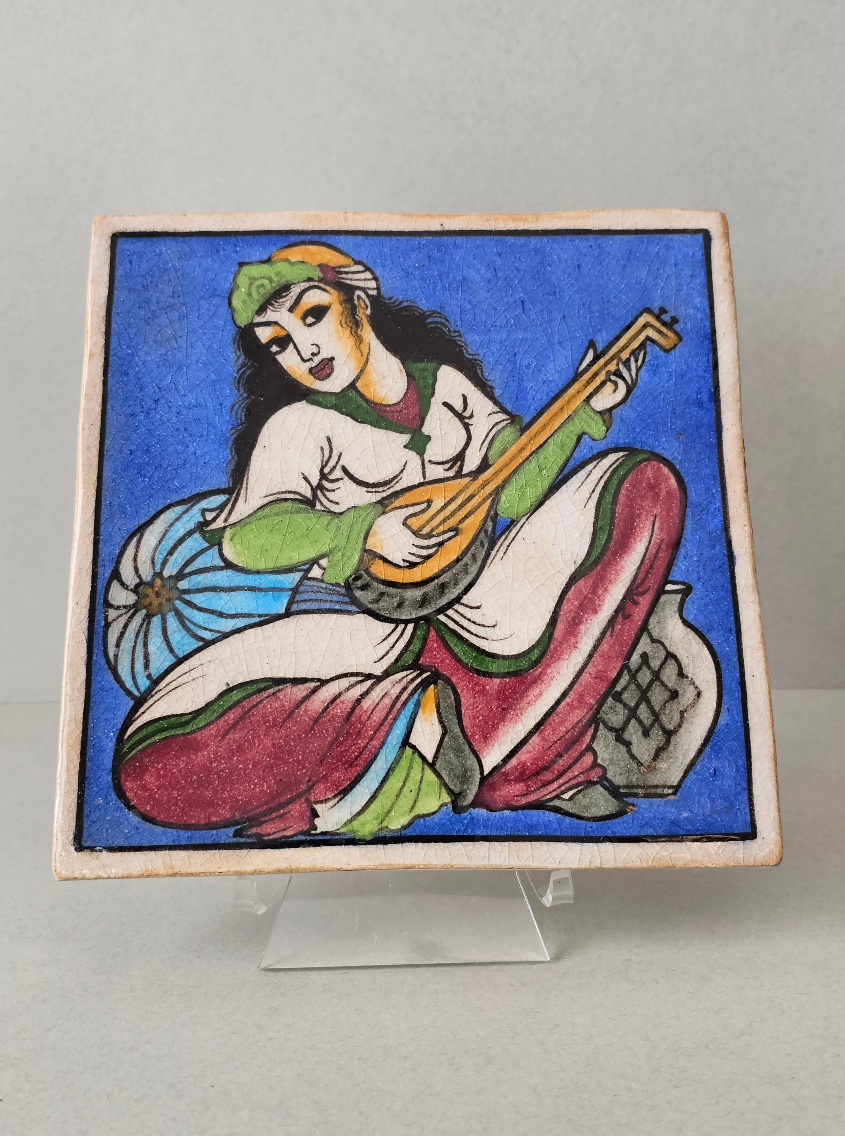 Hand-Painted Indo-Persian Hand Painted Ceramic Wall Tile  For Sale