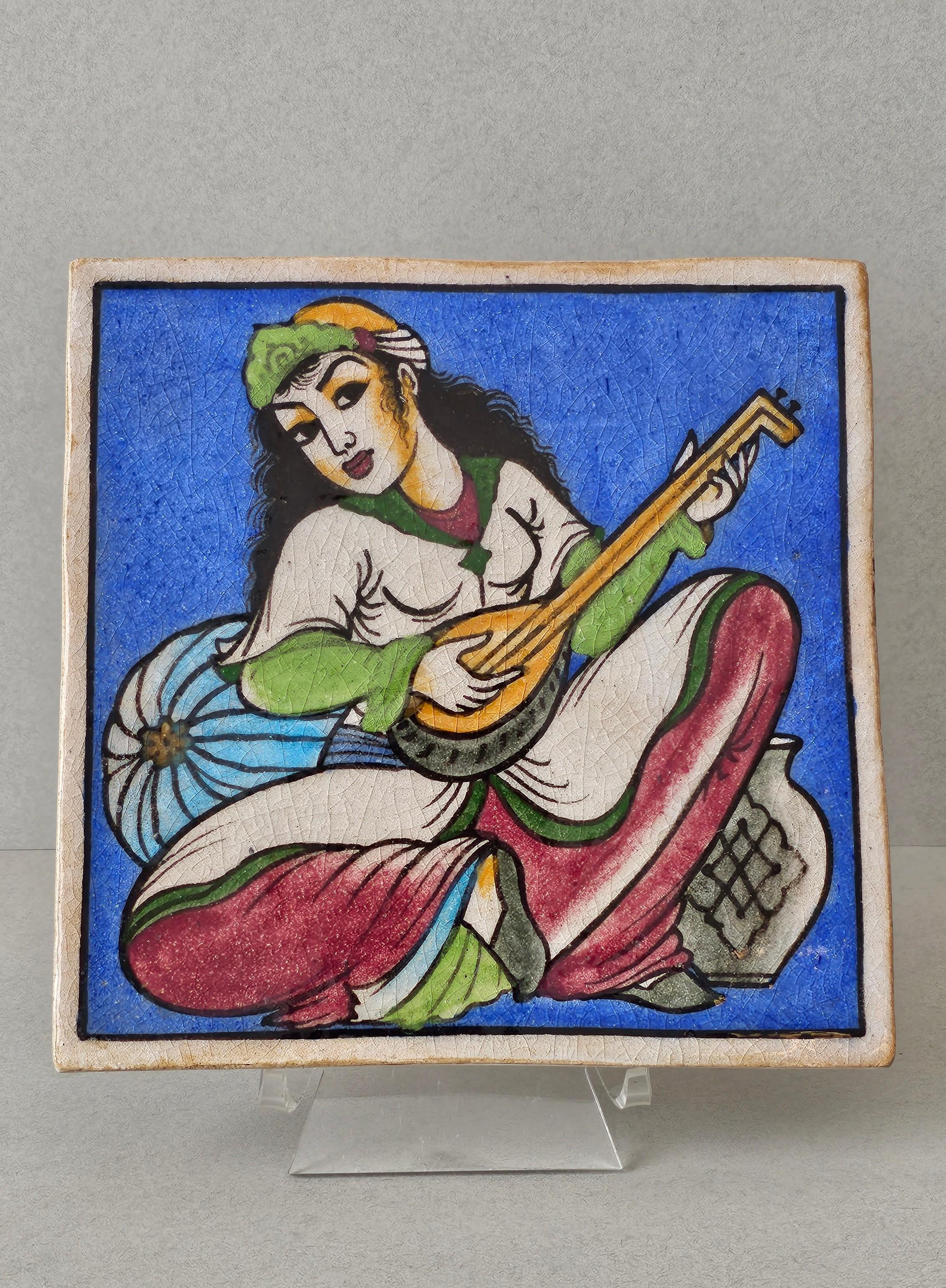 Indo-Persian Hand Painted Ceramic Wall Tile  In Good Condition For Sale In Forney, TX