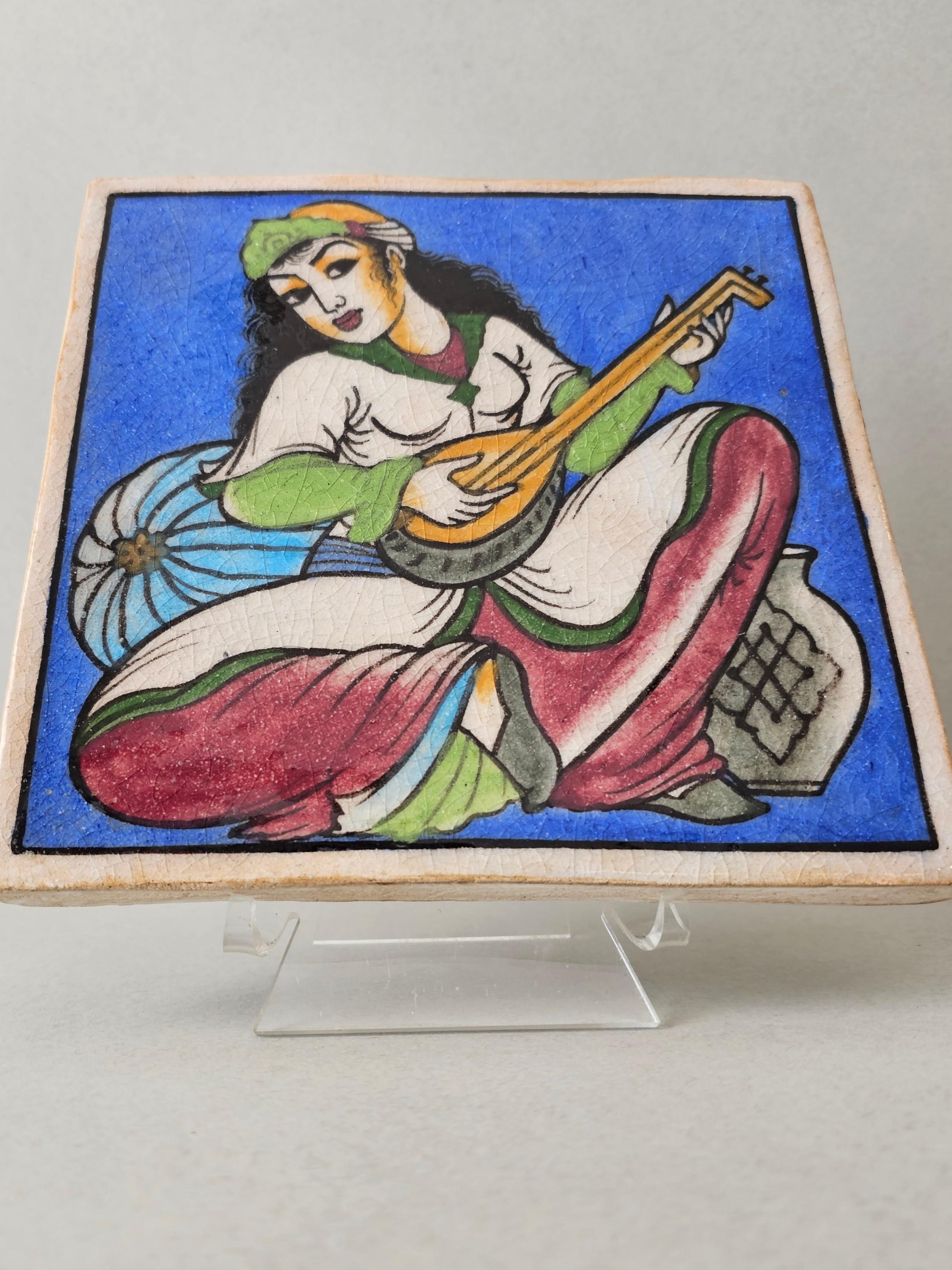 20th Century Indo-Persian Hand Painted Ceramic Wall Tile  For Sale
