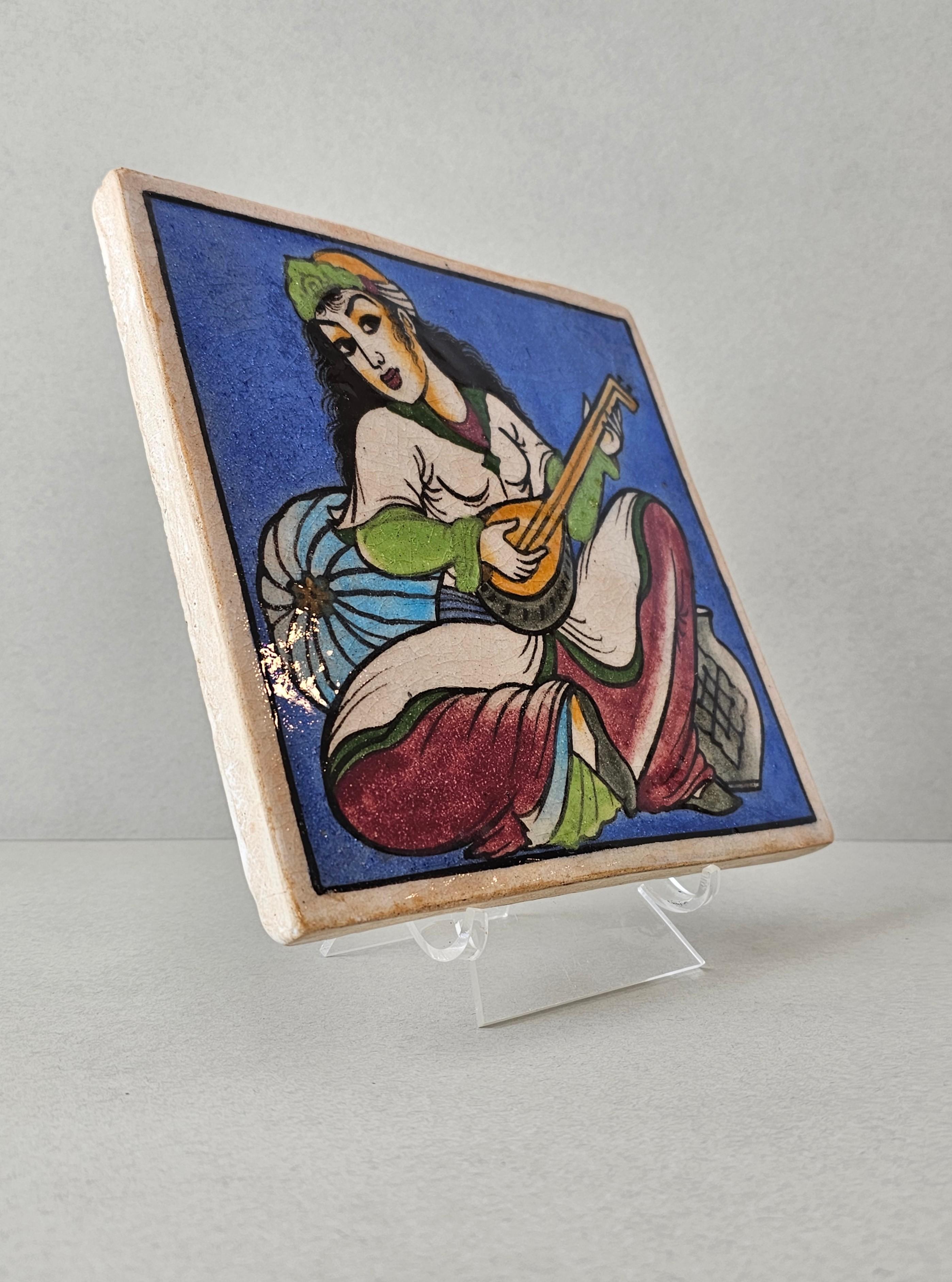 Indo-Persian Hand Painted Ceramic Wall Tile  For Sale 2