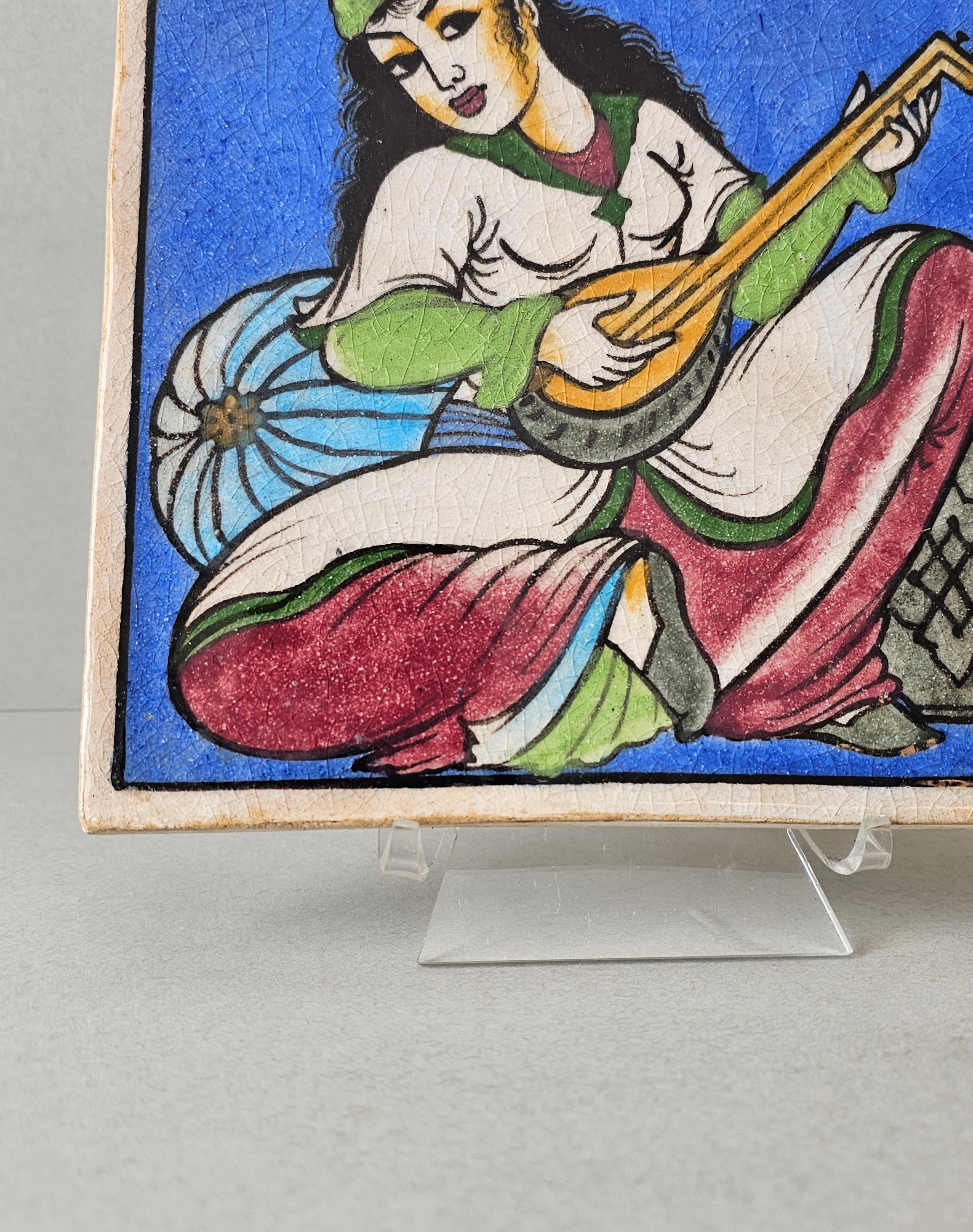 Indo-Persian Hand Painted Ceramic Wall Tile  For Sale 4
