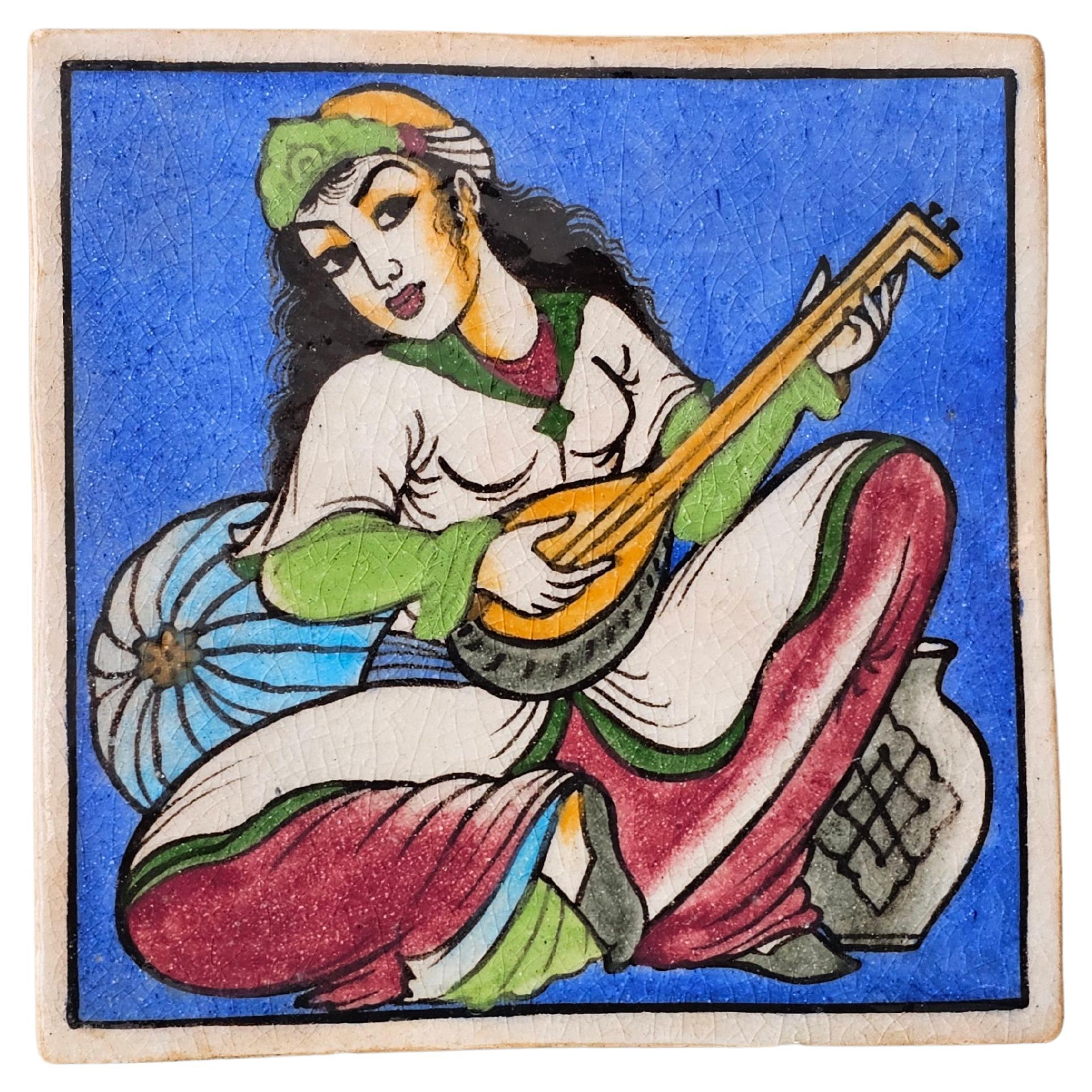 Indo-Persian Hand Painted Ceramic Wall Tile  For Sale