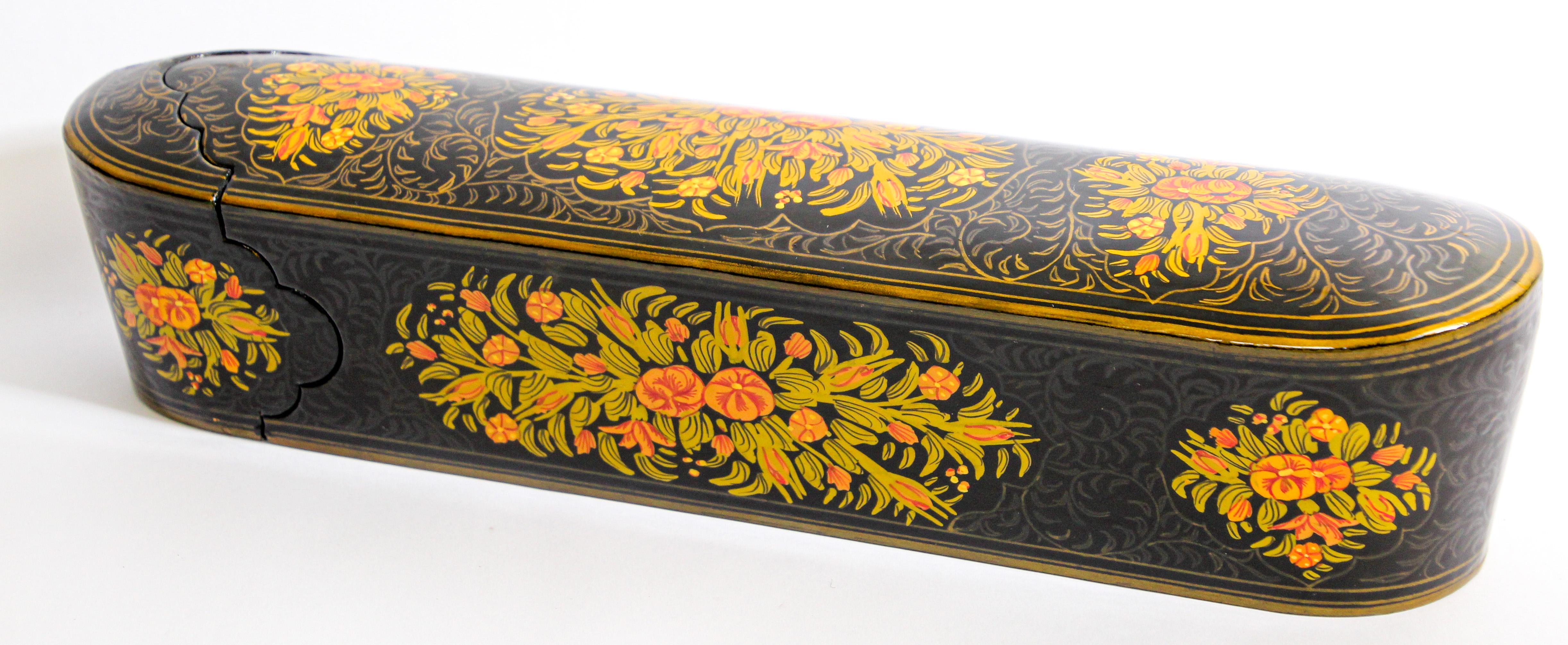 Indo Persian Lacquer Pen Box Hand Painted with Floral Design 2