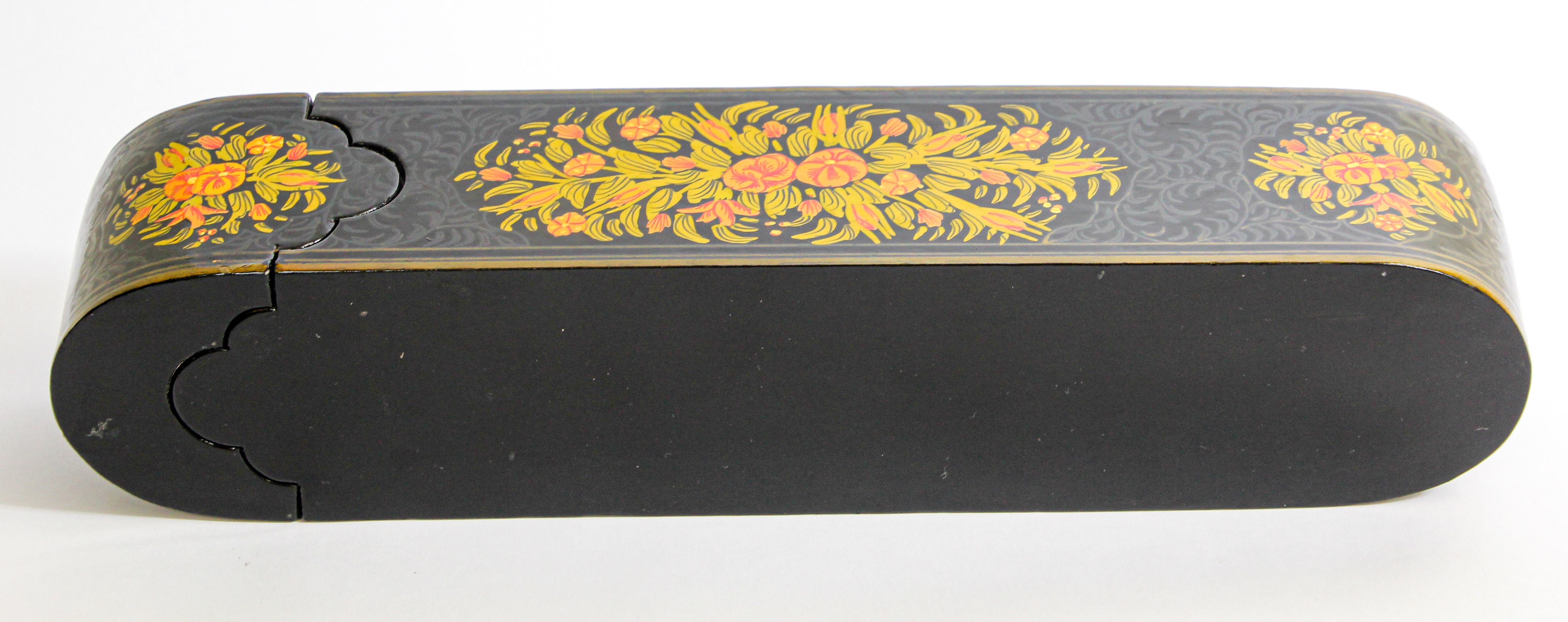 Indo Persian Lacquer Pen Box Hand Painted with Floral Design 5
