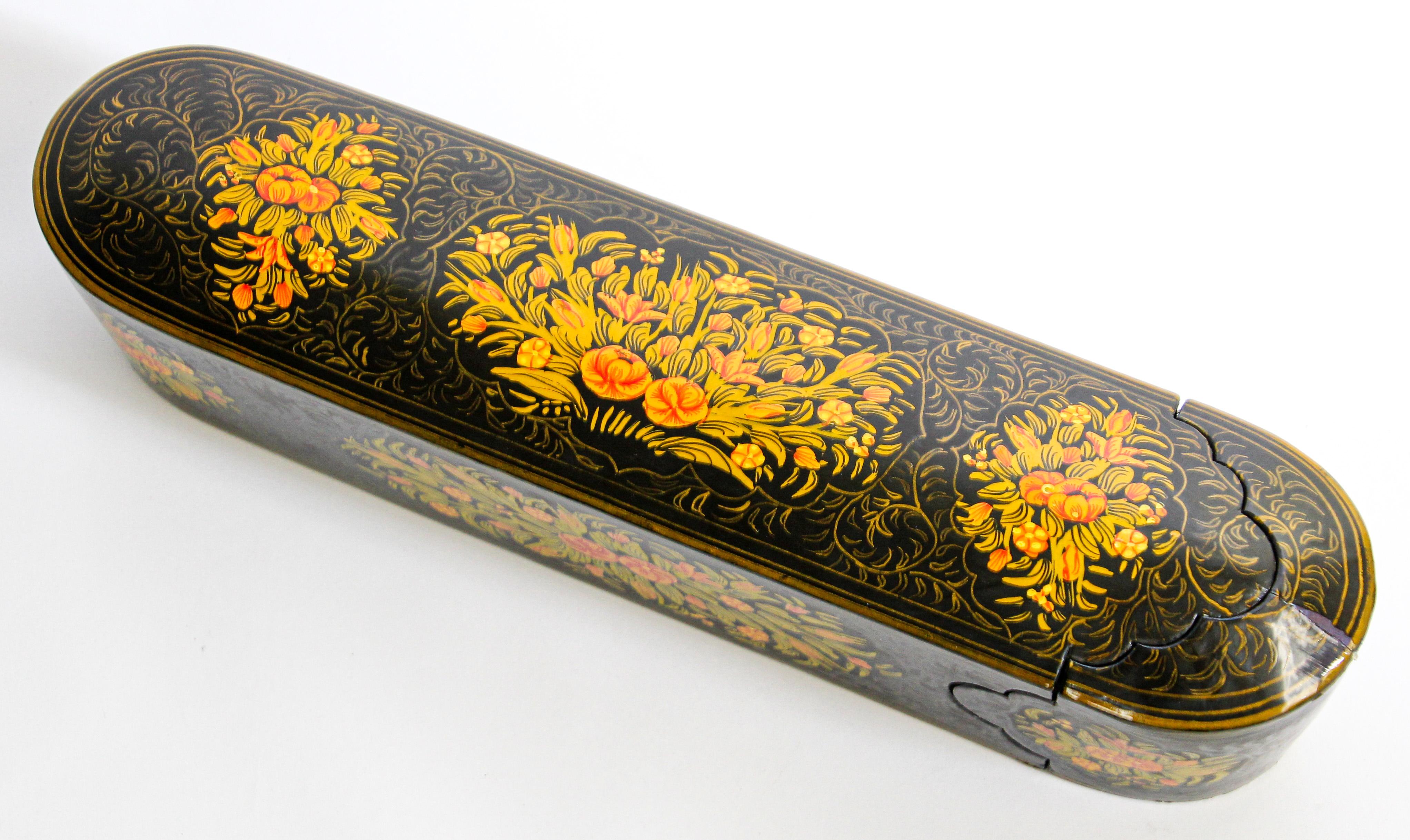 Indo Persian Lacquer Pen Box Hand Painted with Floral Design 6