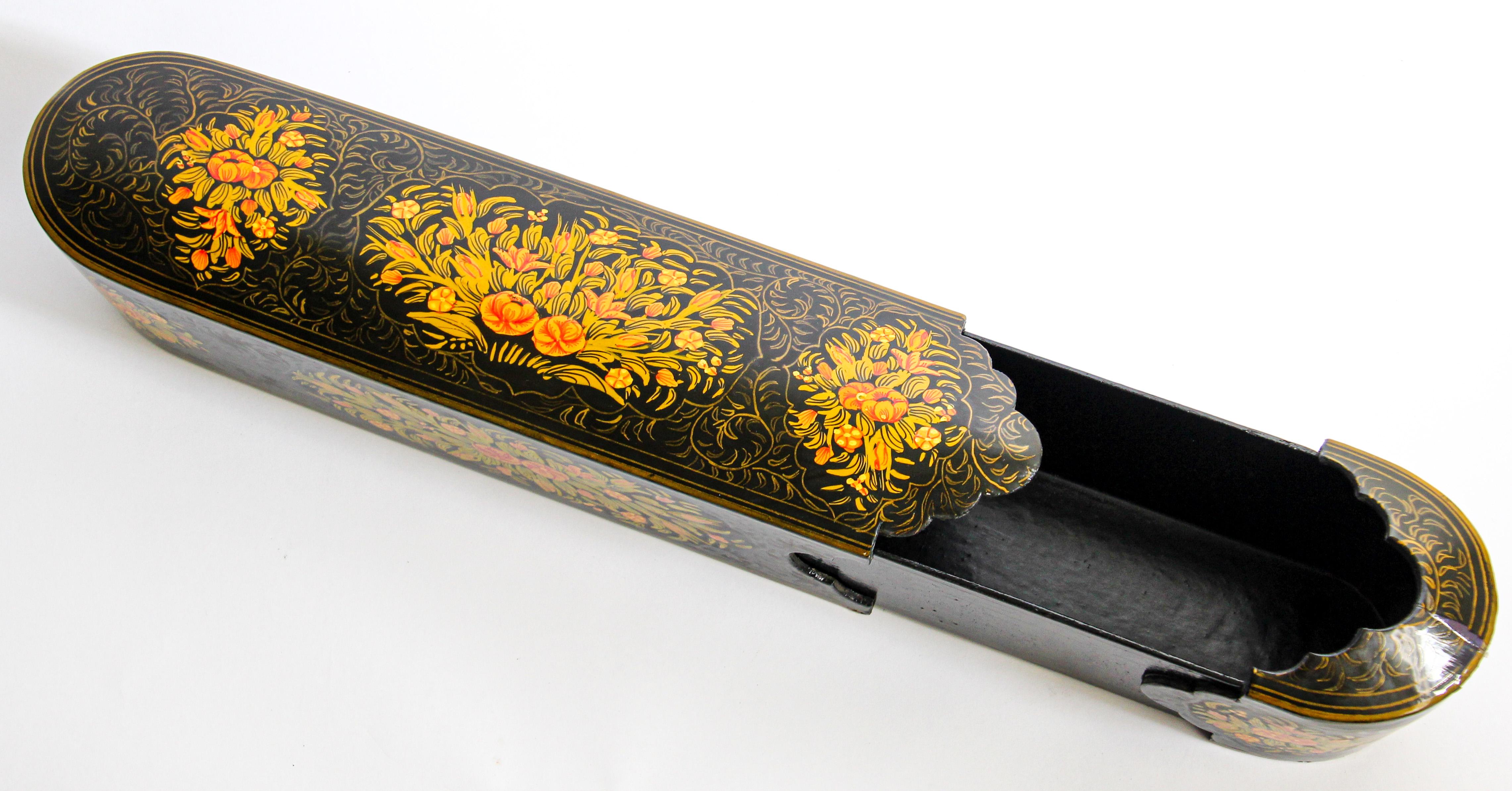 Indo Persian Lacquer Pen Box Hand Painted with Floral Design 7