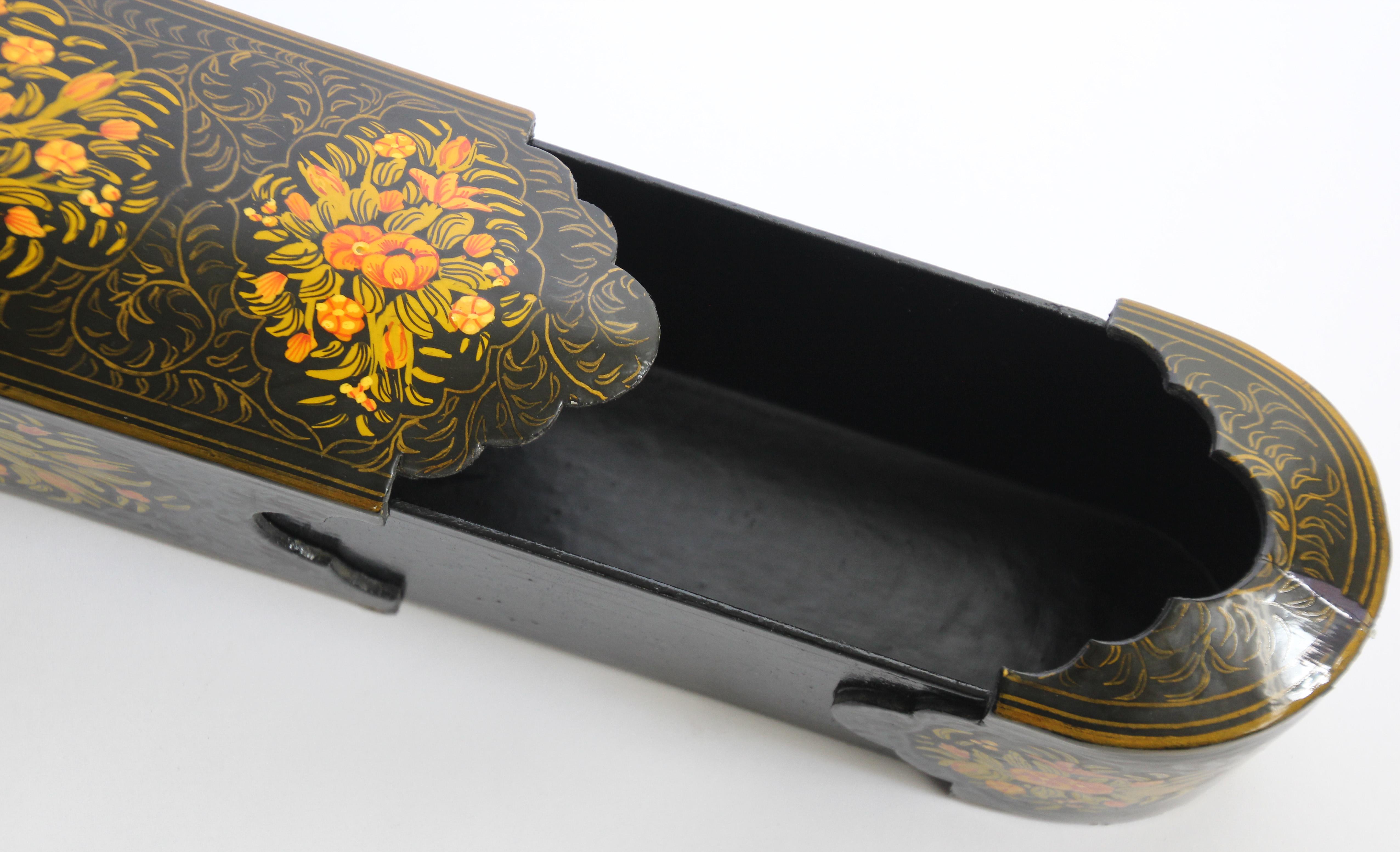 Indo Persian Lacquer Pen Box Hand Painted with Floral Design 8