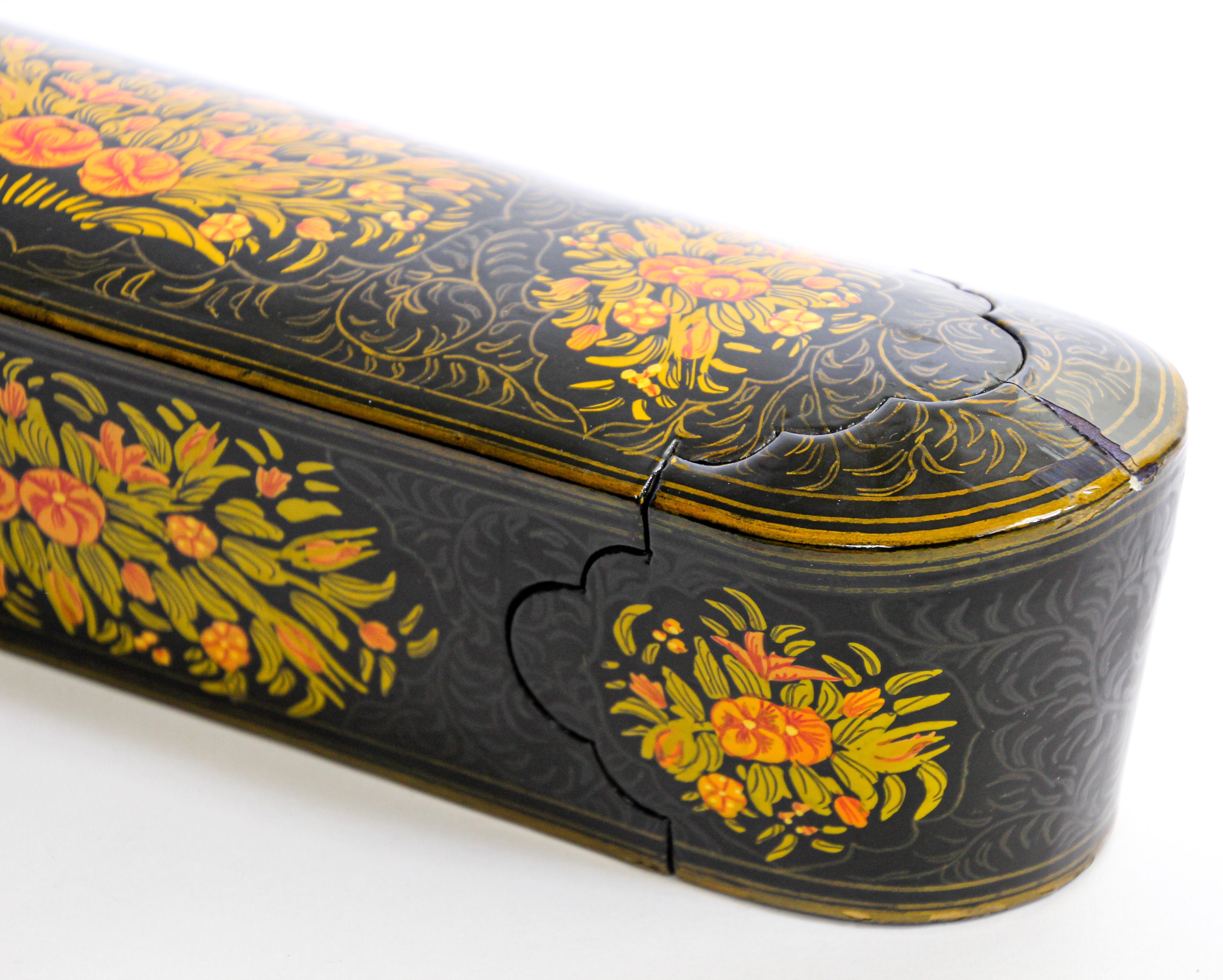 Moorish Indo Persian Lacquer Pen Box Hand Painted with Floral Design