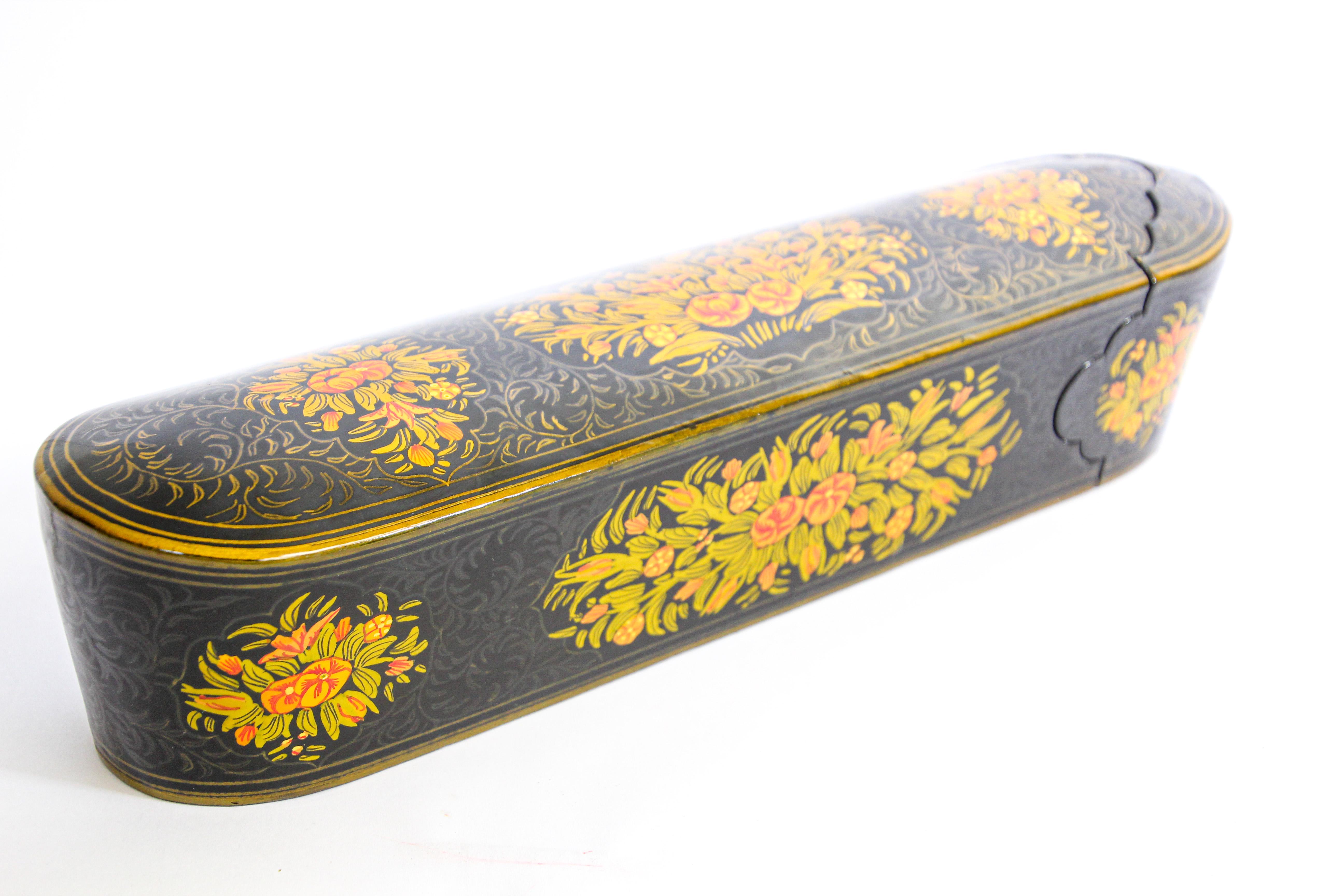 Indian Indo Persian Lacquer Pen Box Hand Painted with Floral Design