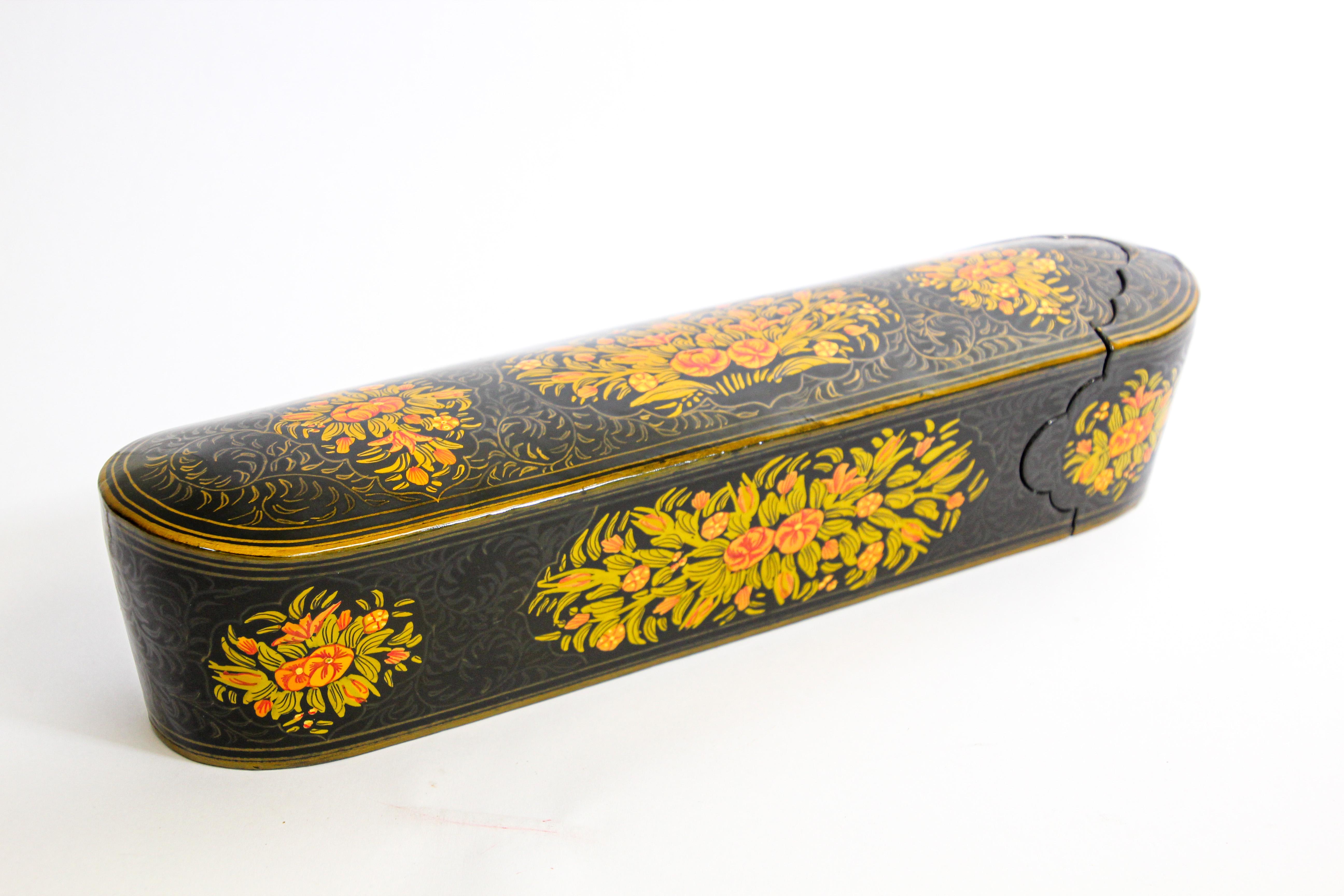 Hand-Painted Indo Persian Lacquer Pen Box Hand Painted with Floral Design