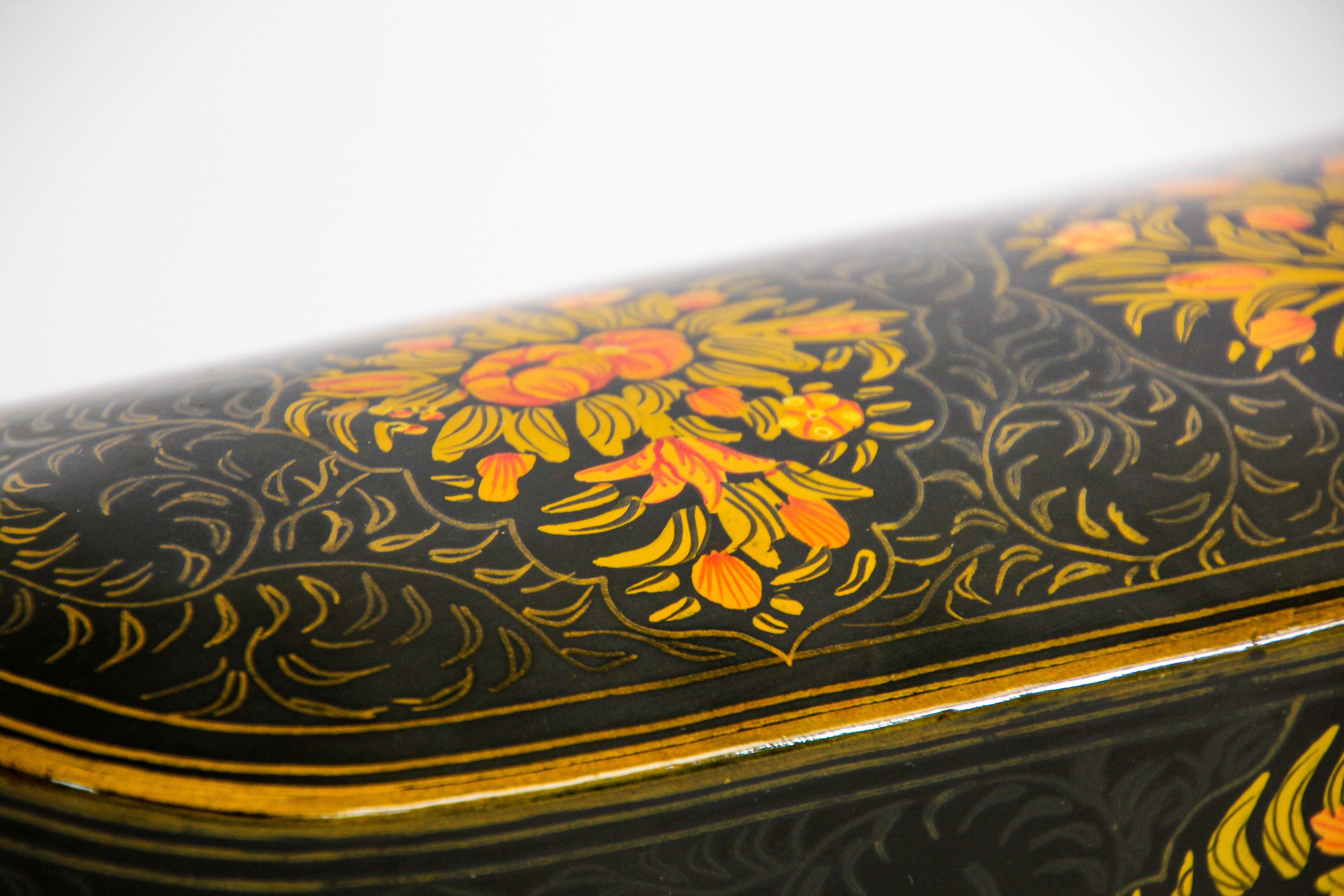 20th Century Indo Persian Lacquer Pen Box Hand Painted with Floral Design