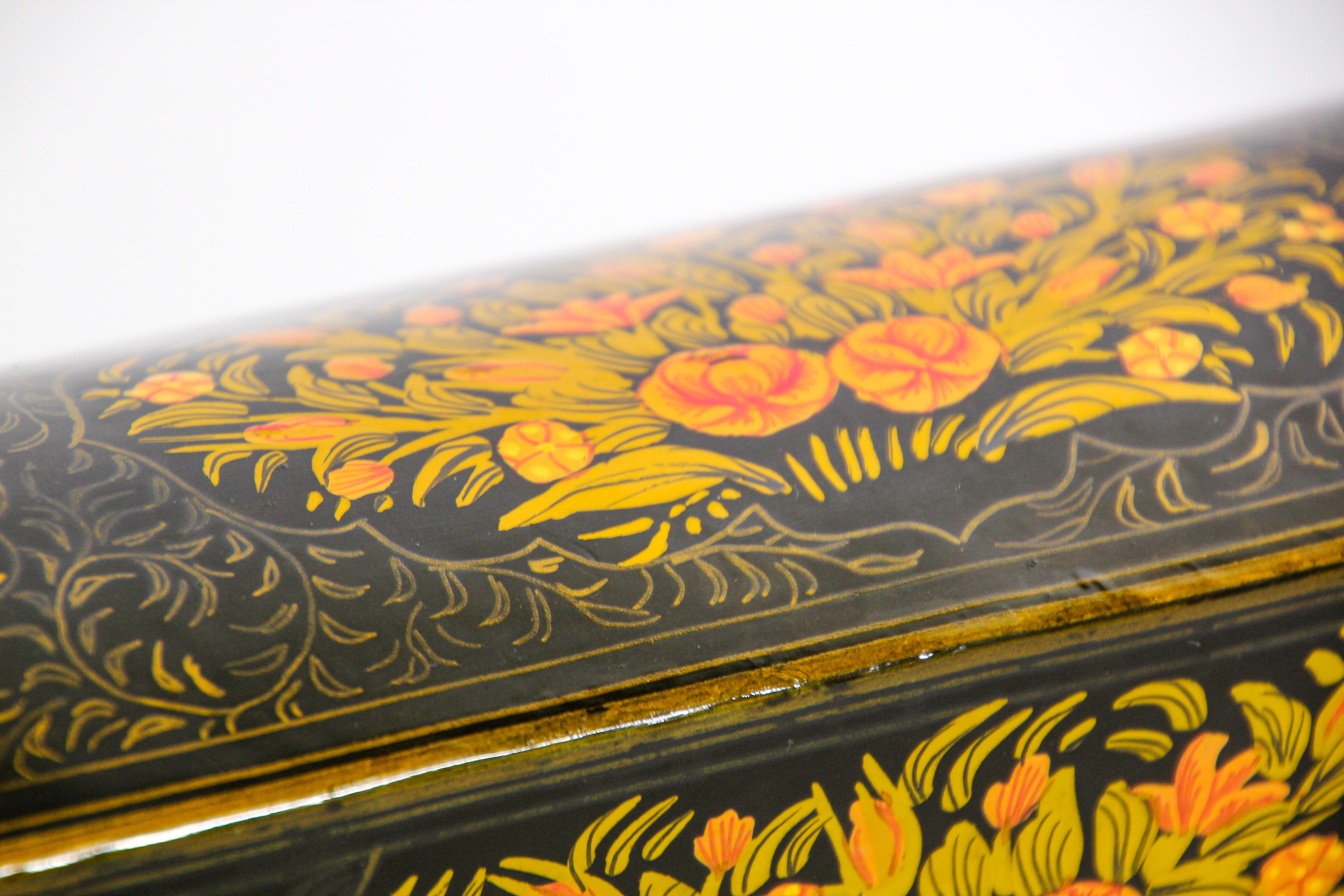 Paper Indo Persian Lacquer Pen Box Hand Painted with Floral Design
