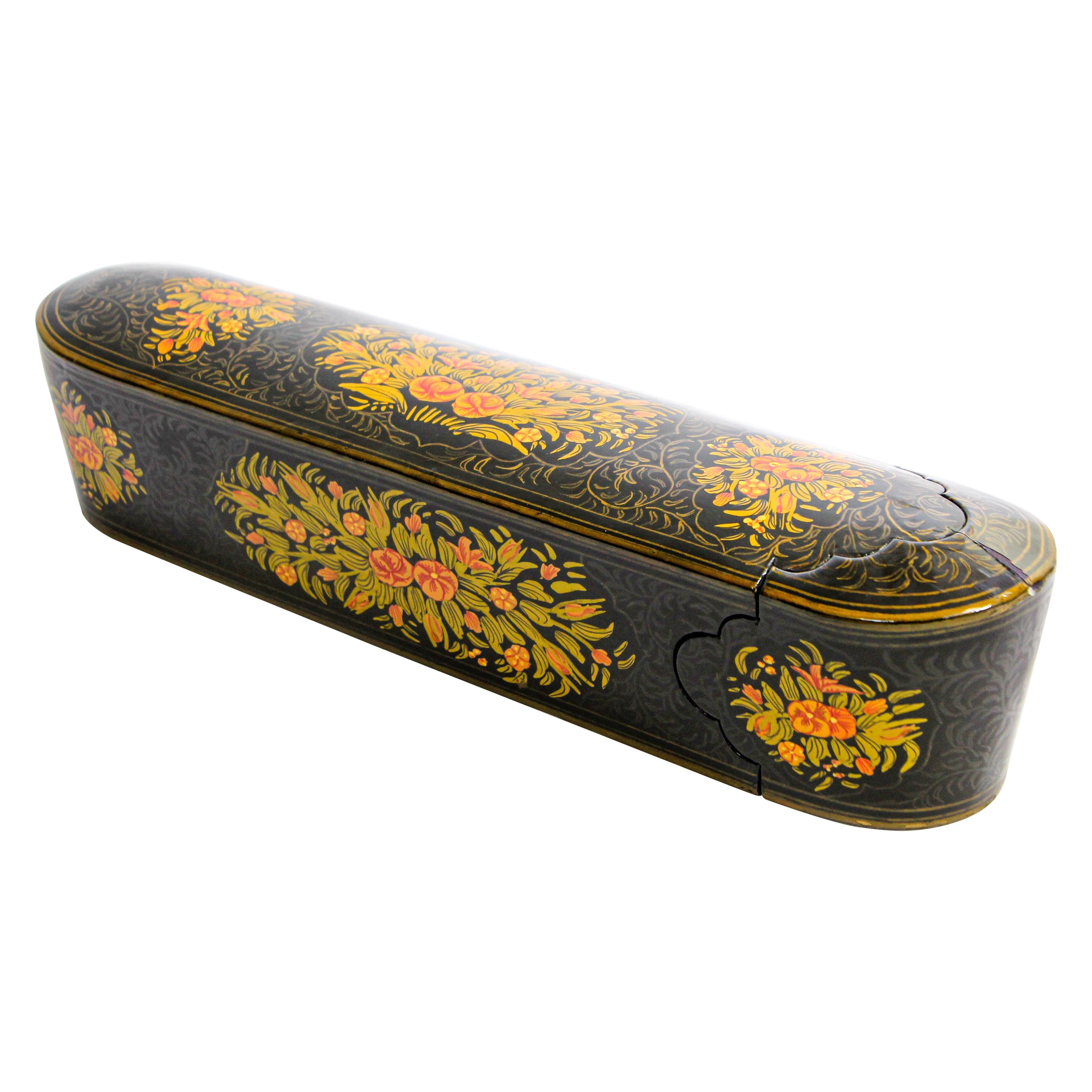 Indo Persian Lacquer Pen Box Hand Painted with Floral Design