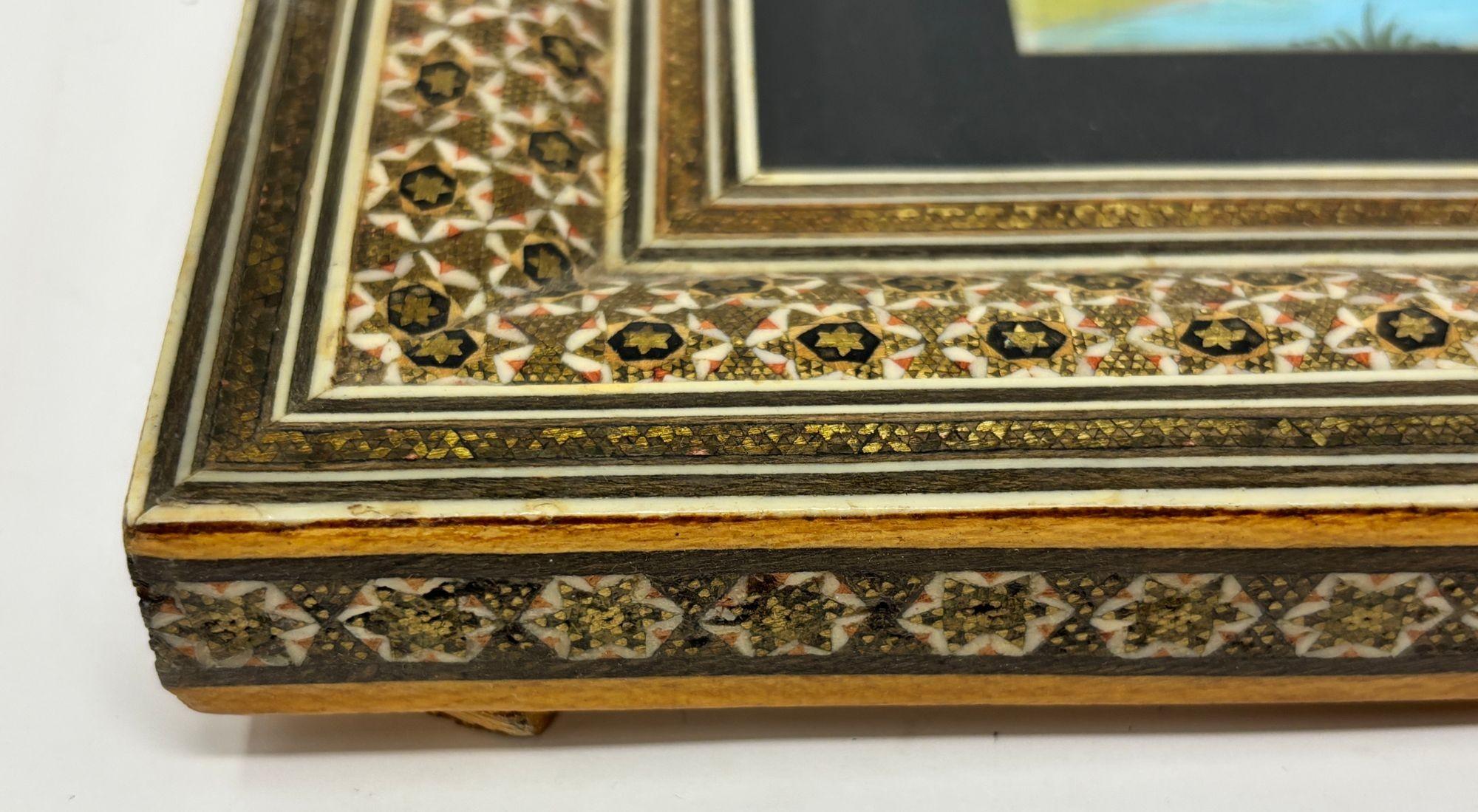 Indo-Persian Miniature Painting in Moorish Micro Mosaic Inlaid Marquetry Frame For Sale 3
