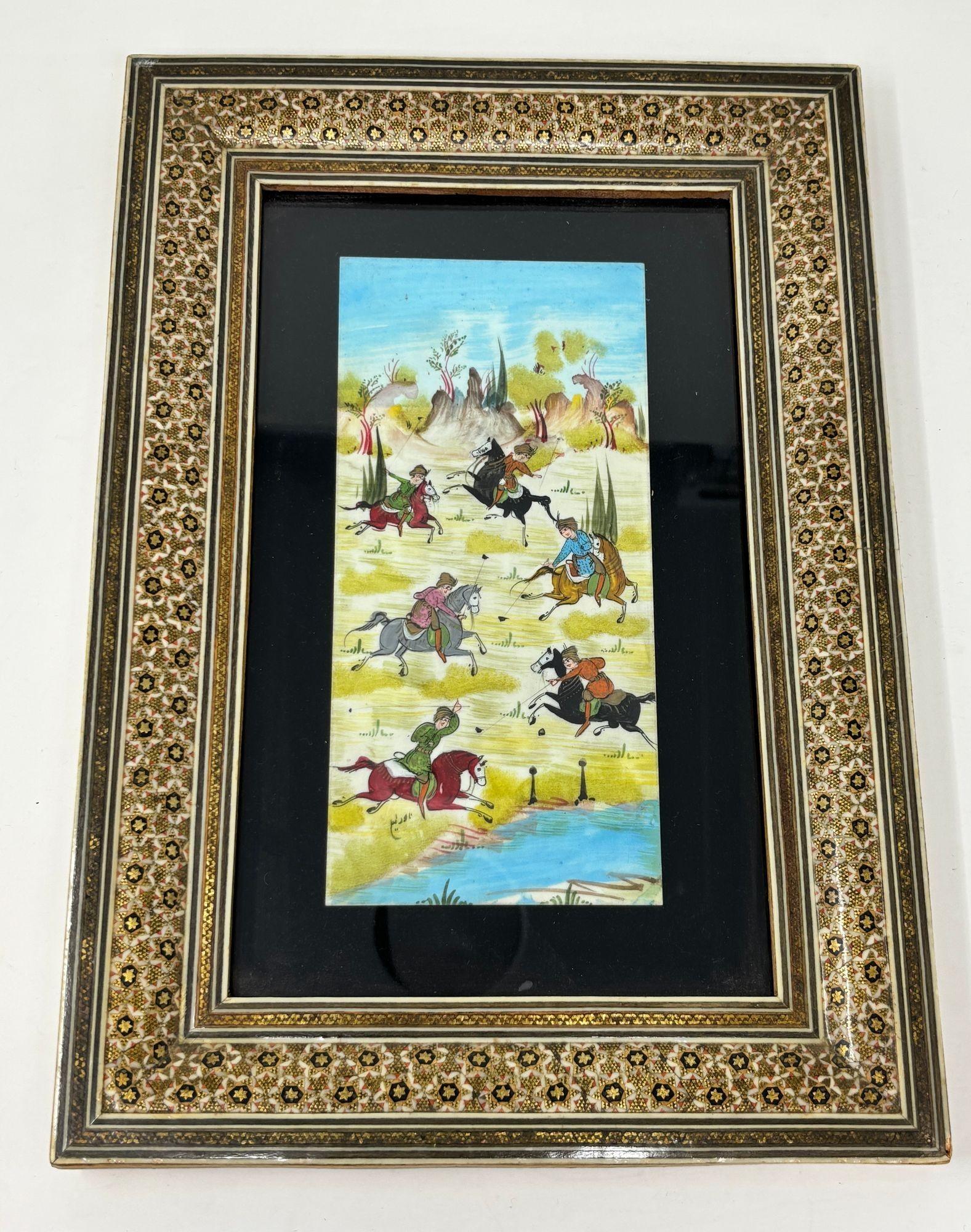 Indo-Persian Miniature Painting in Moorish Micro Mosaic Inlaid Marquetry Frame For Sale 4