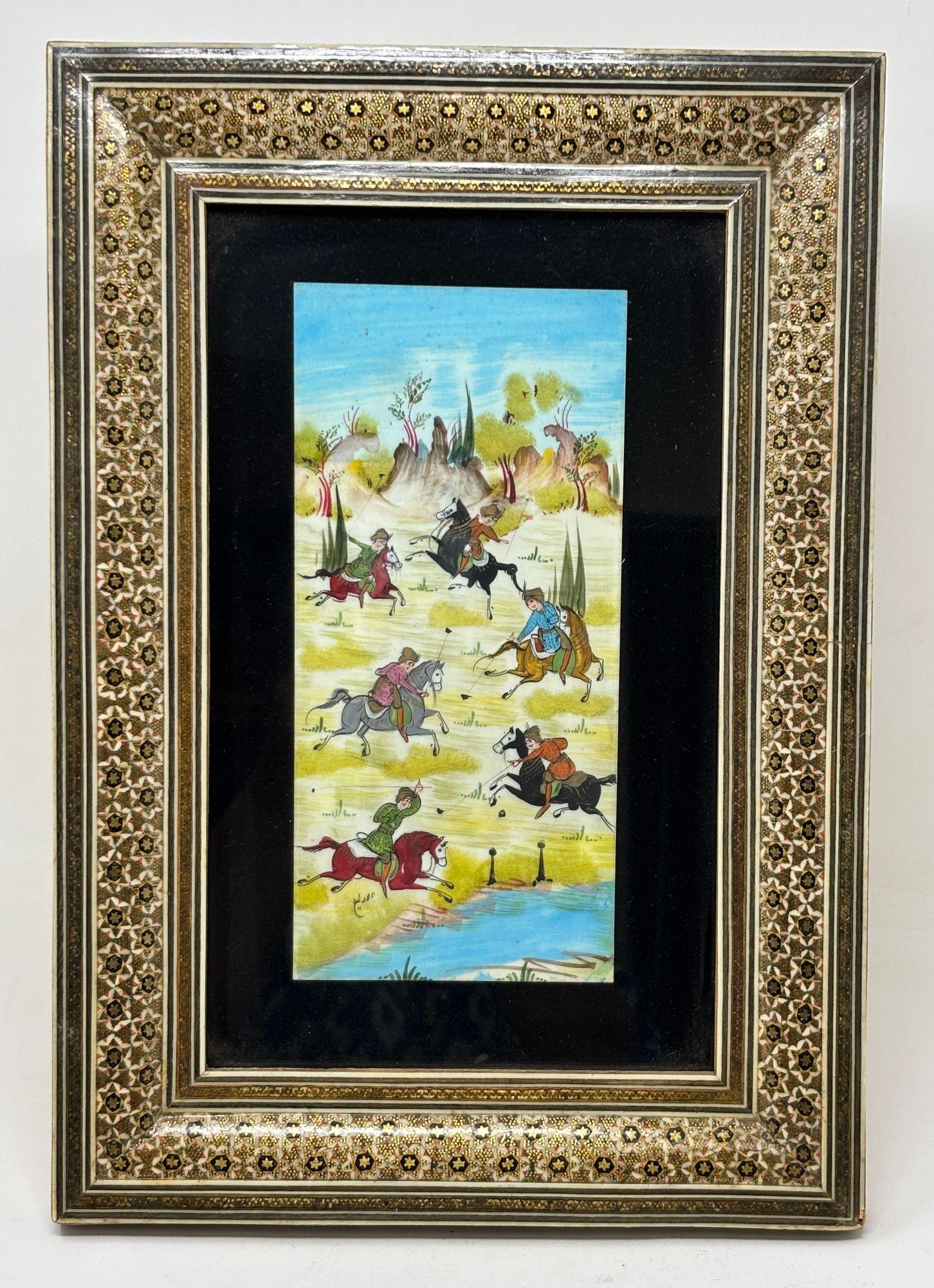 Indo-Persian Miniature Painting in Moorish Micro Mosaic Inlaid Marquetry Frame For Sale 5