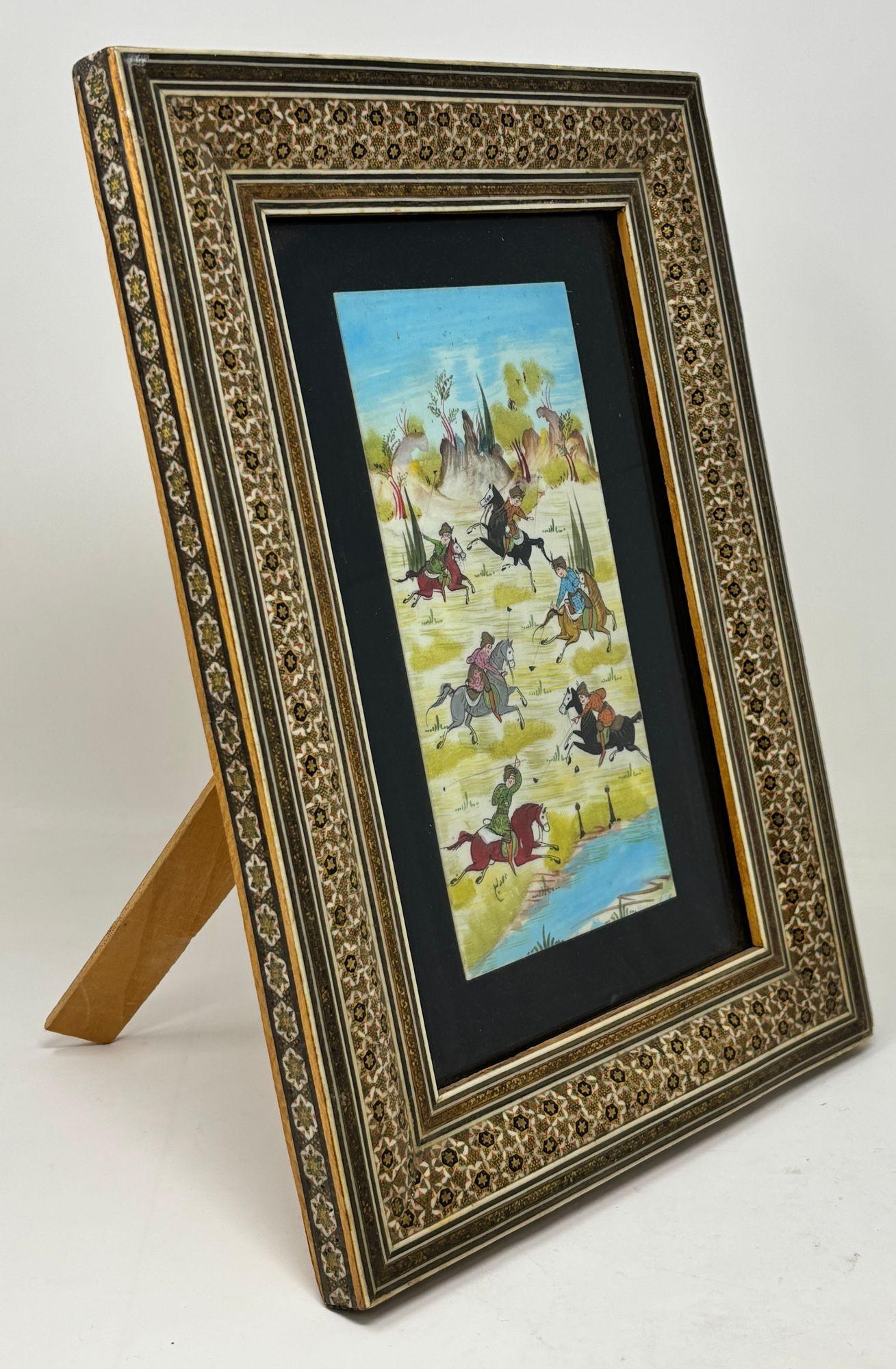 Islamic Indo-Persian Miniature Painting in Moorish Micro Mosaic Inlaid Marquetry Frame For Sale