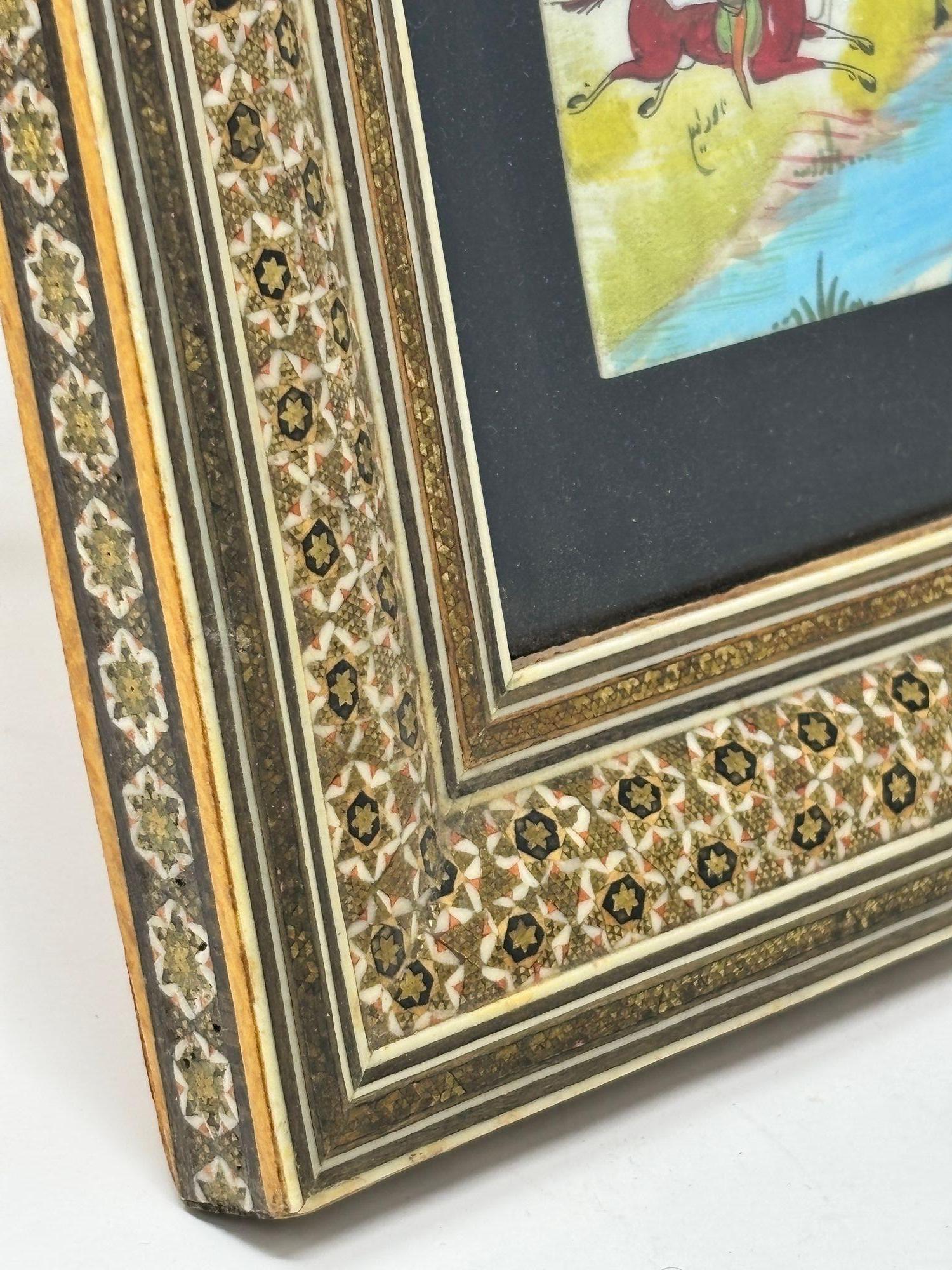 Indian Indo-Persian Miniature Painting in Moorish Micro Mosaic Inlaid Marquetry Frame For Sale