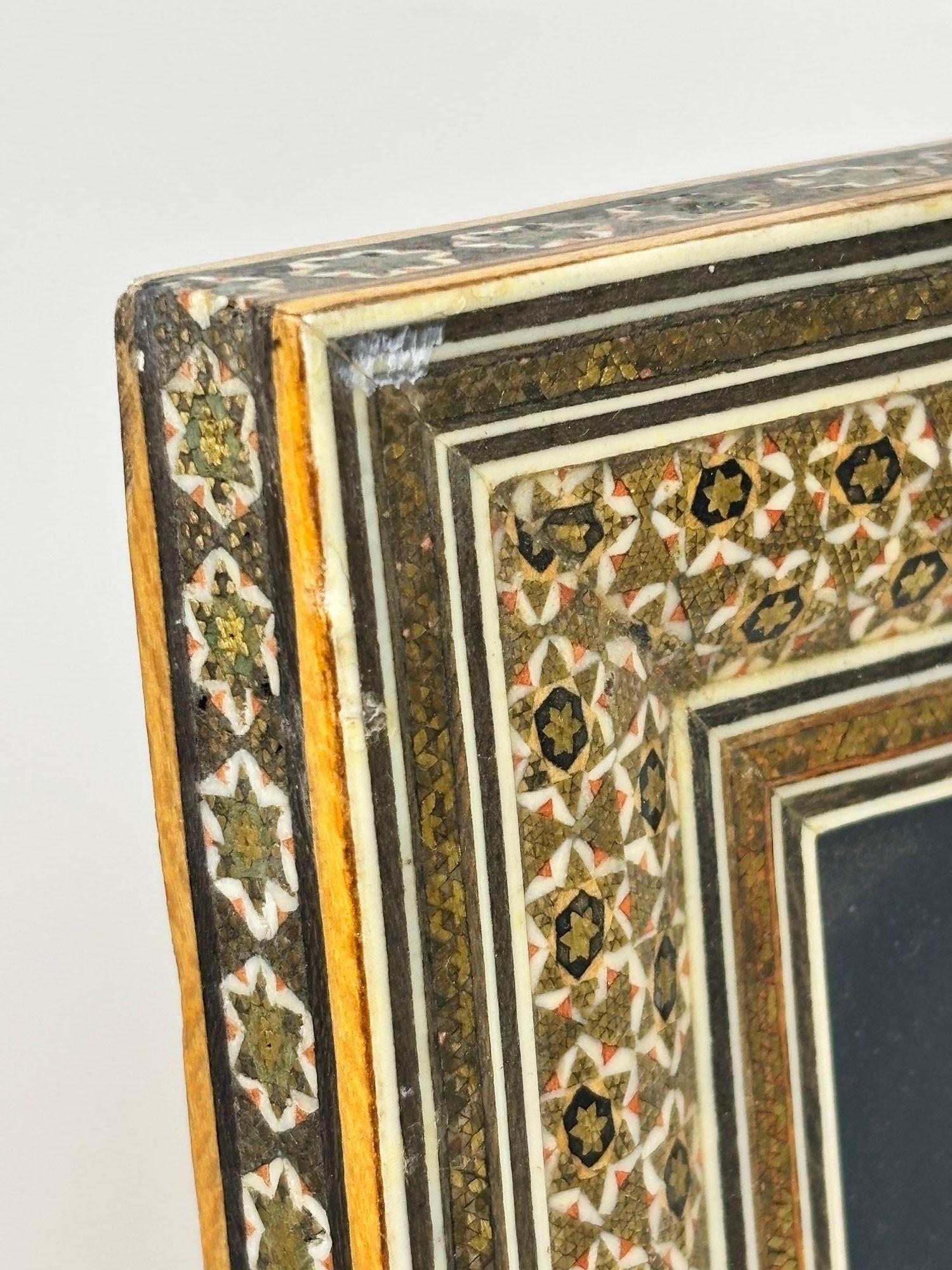 Hand-Crafted Indo-Persian Miniature Painting in Moorish Micro Mosaic Inlaid Marquetry Frame For Sale