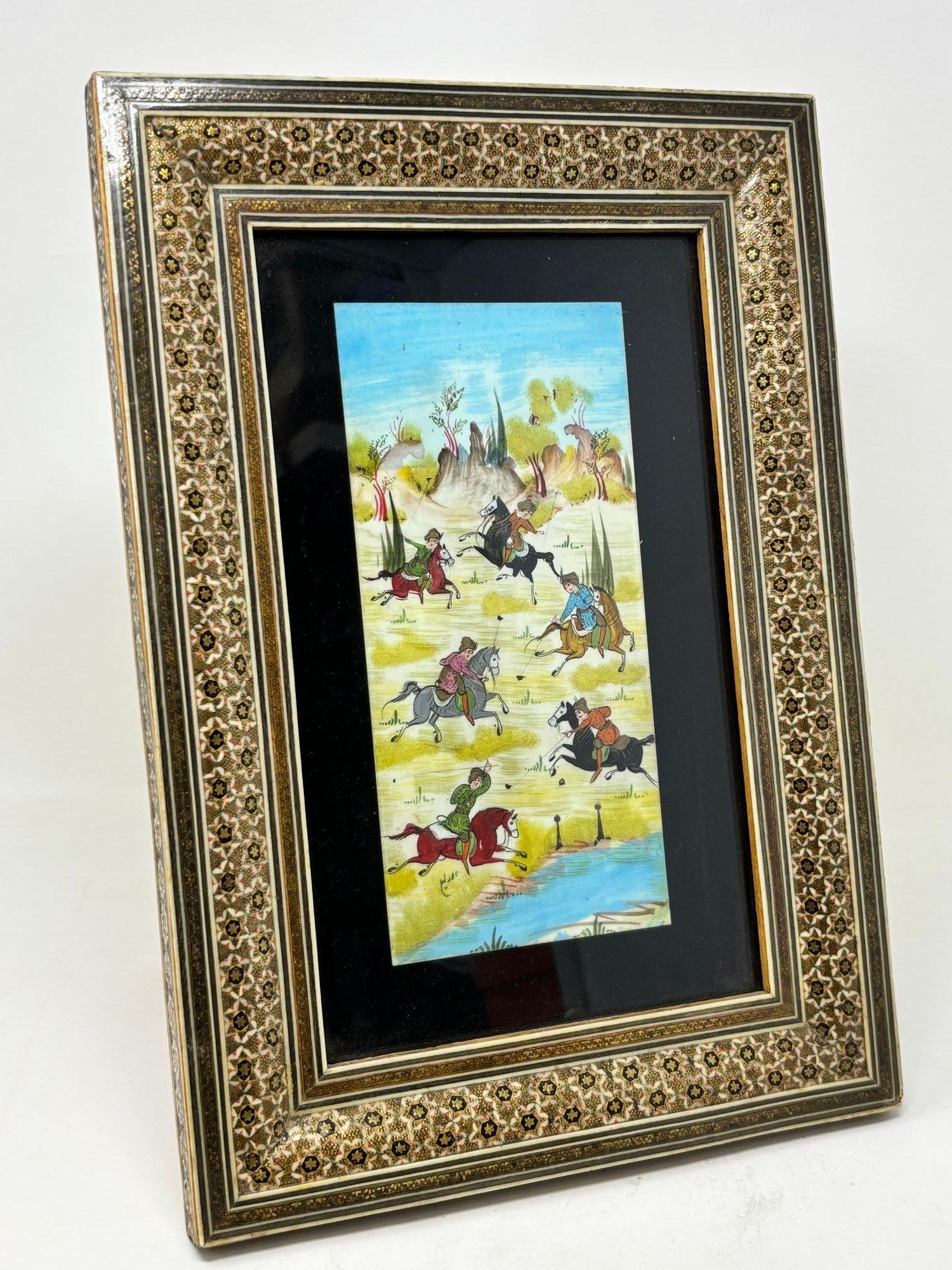 20th Century Indo-Persian Miniature Painting in Moorish Micro Mosaic Inlaid Marquetry Frame For Sale