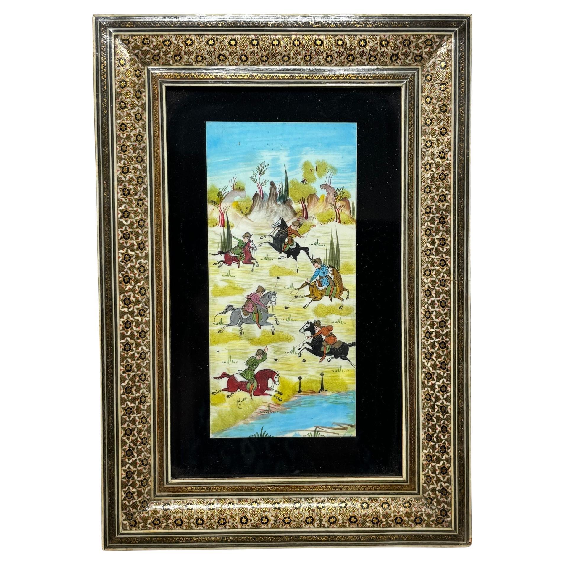 Indo-Persian Miniature Painting in Moorish Micro Mosaic Inlaid Marquetry Frame