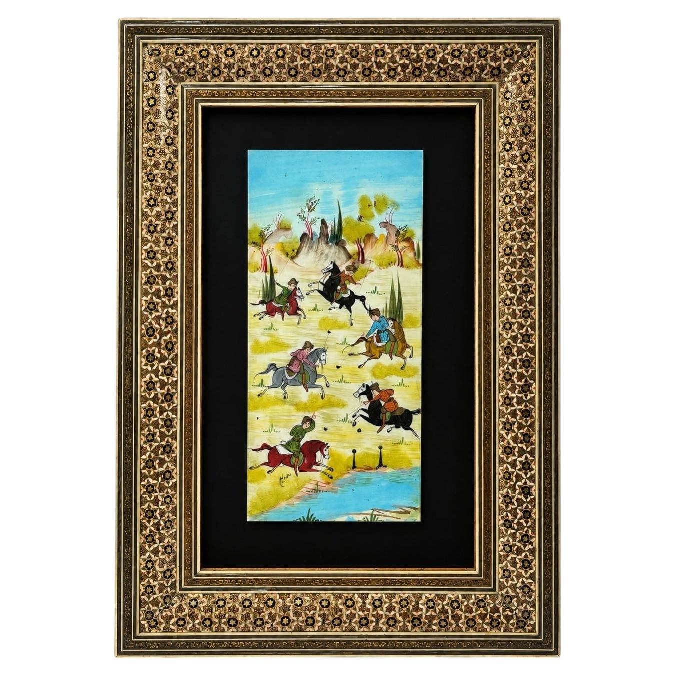 Indo-Persian Miniature Painting in Moorish Micro Mosaic Inlaid Marquetry Frame