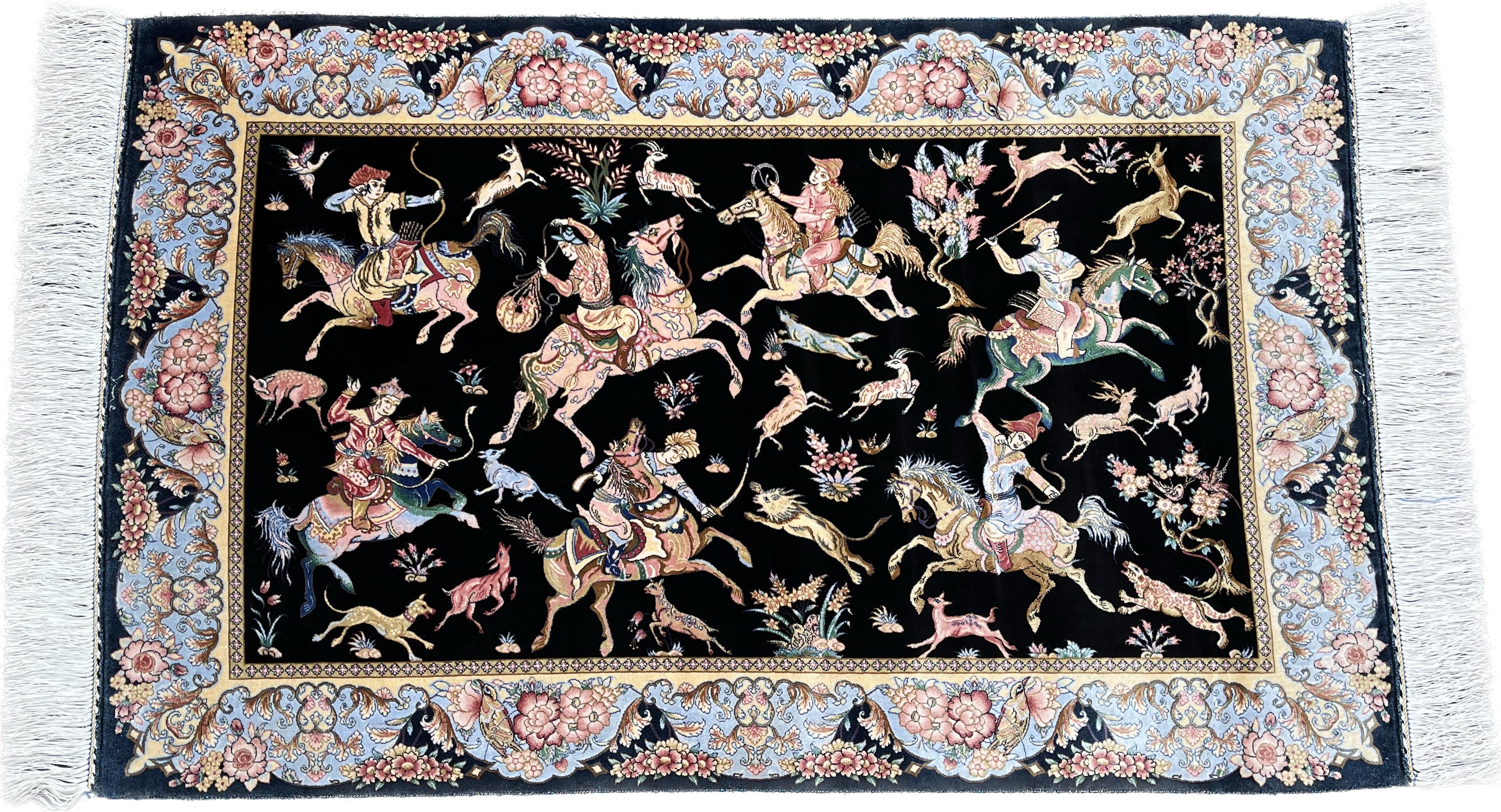 Hand-Woven Indo-Persian Silk Carpet Hunting Scene For Sale