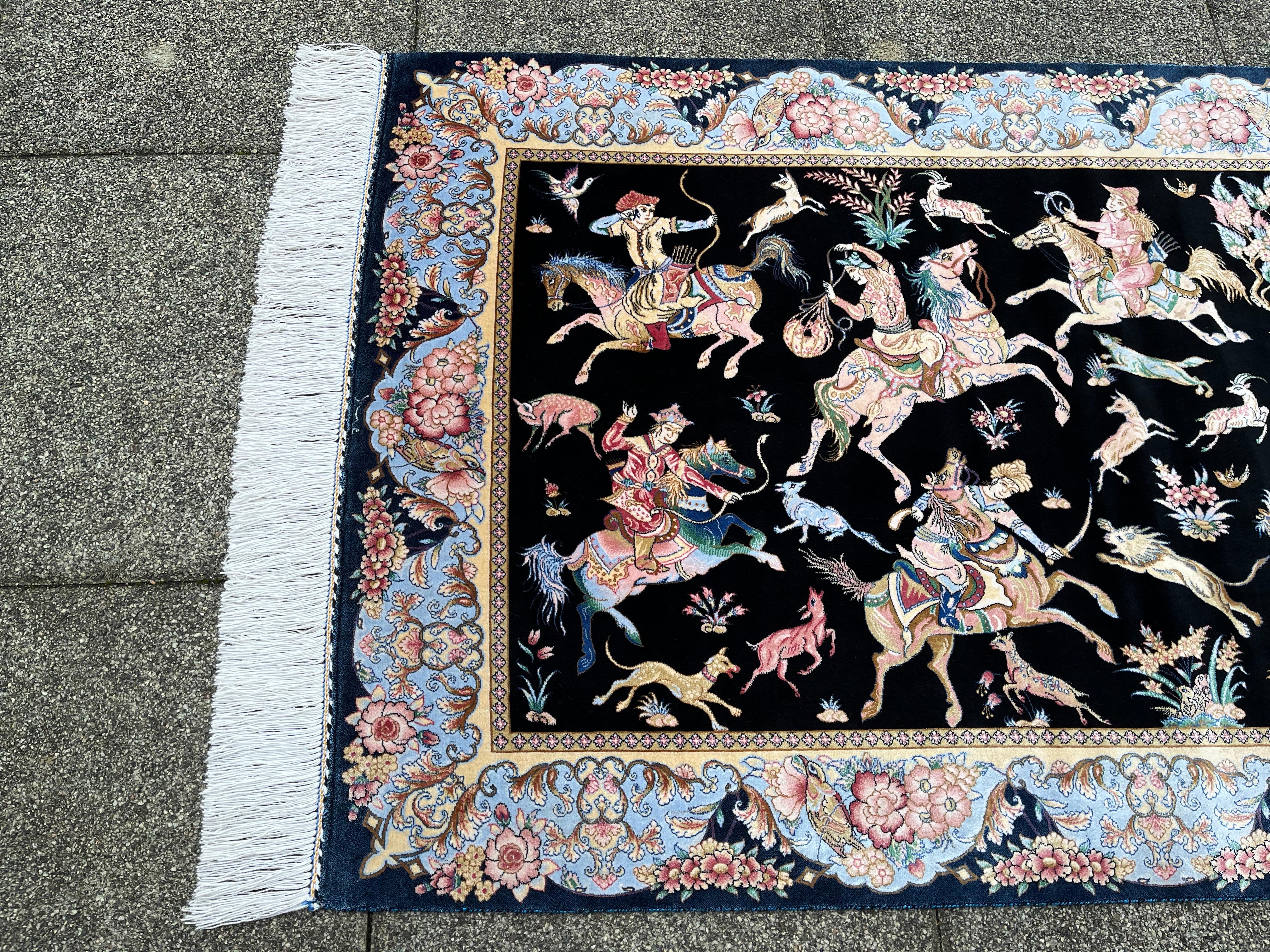 Hand-Woven Indo-Persian Silk Carpet Hunting Scene For Sale