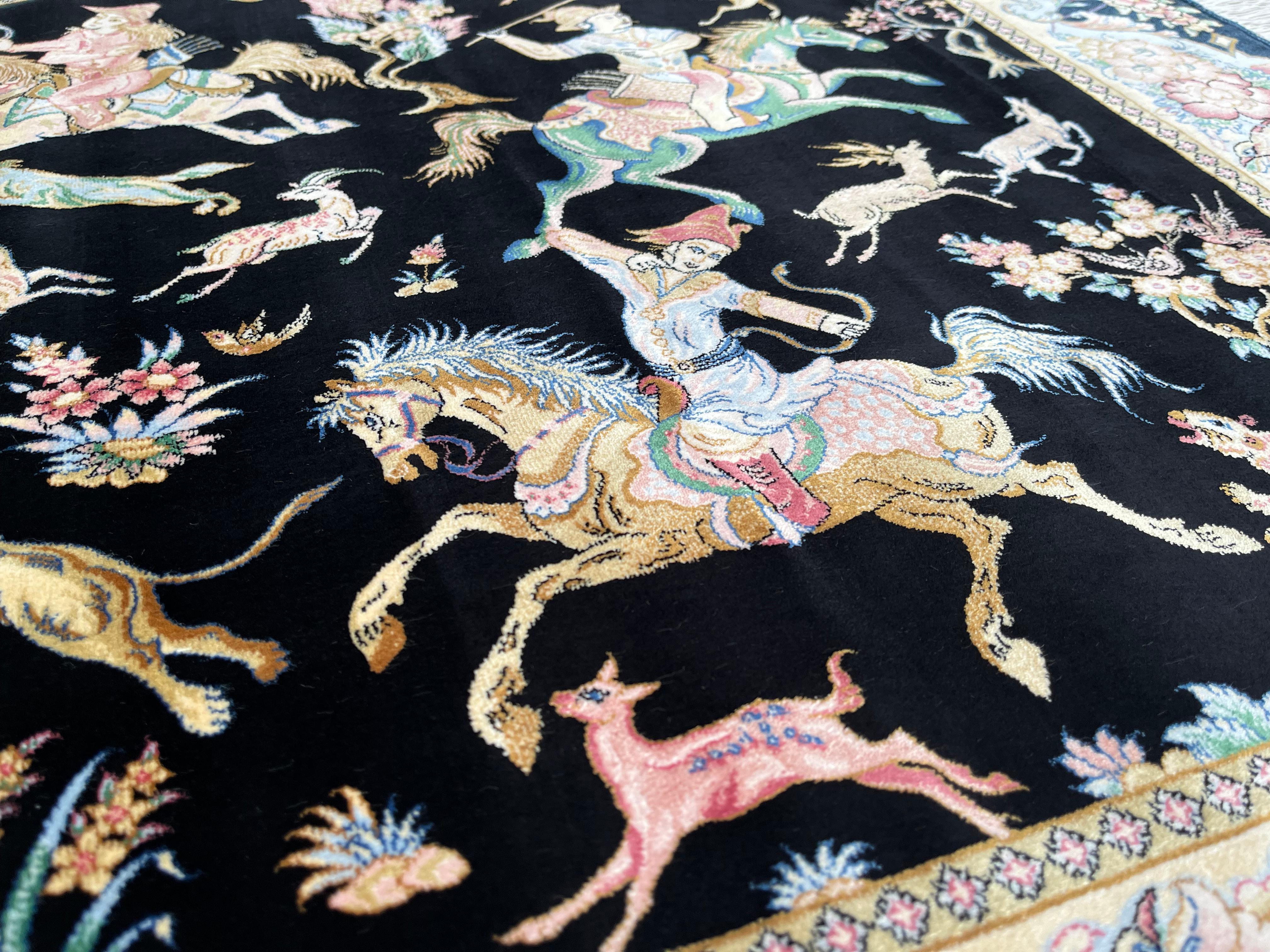 20th Century Indo-Persian Silk Carpet Hunting Scene For Sale