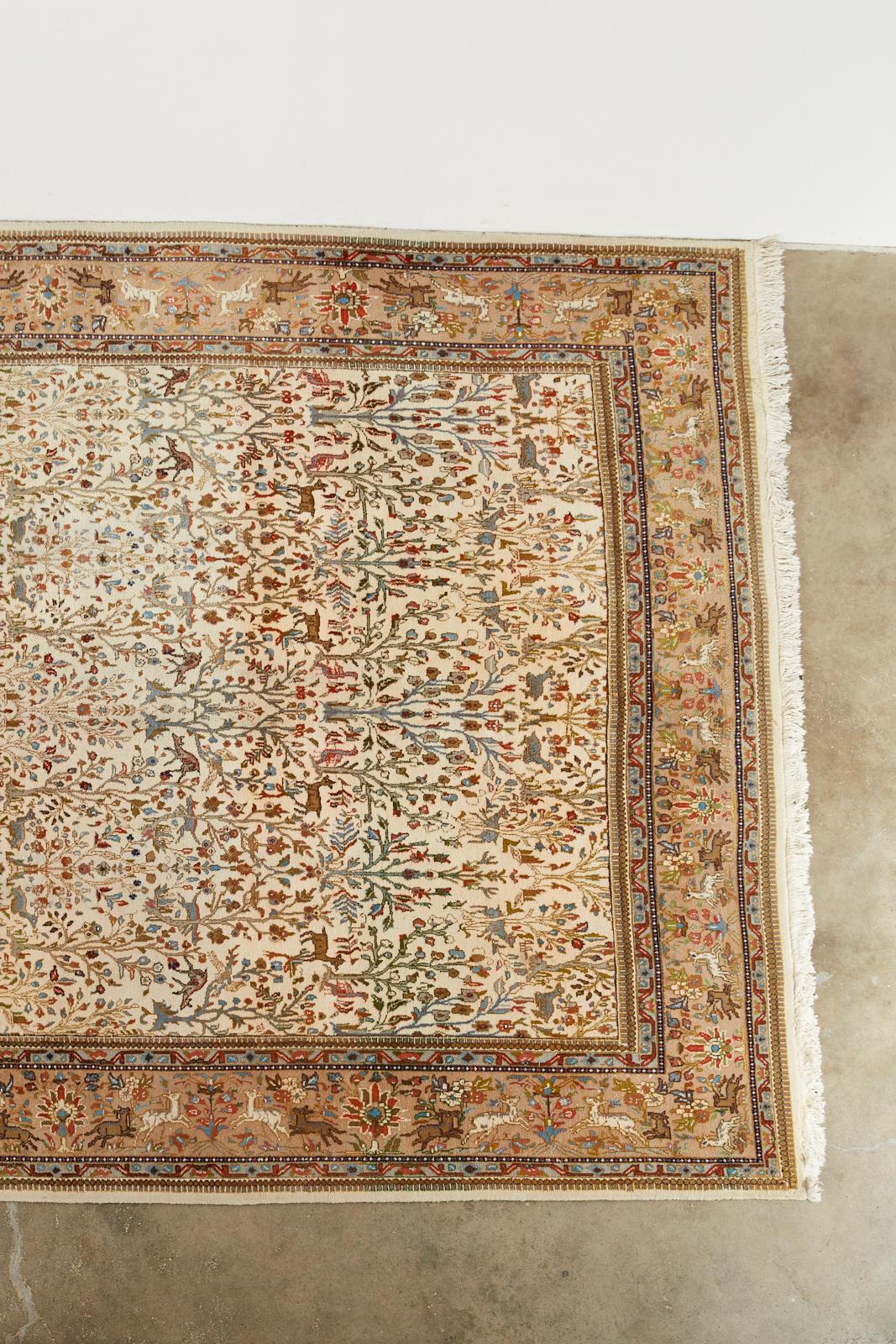 Indian Indo Persian Tabriz Hand Knotted Wool Hunt Rug