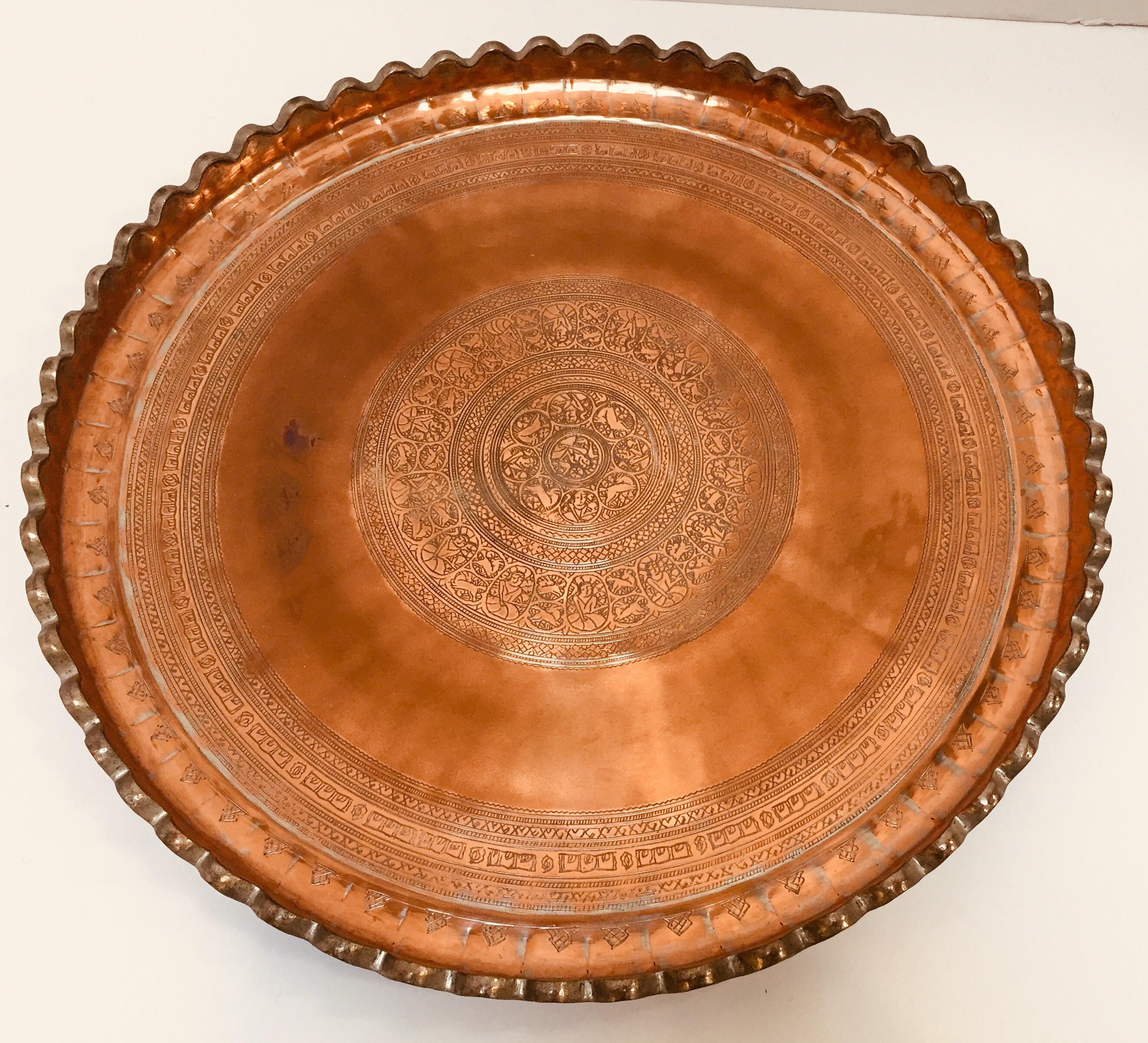 Hammered Indo Persian Tinned Copper Hanging Decorative Tray For Sale