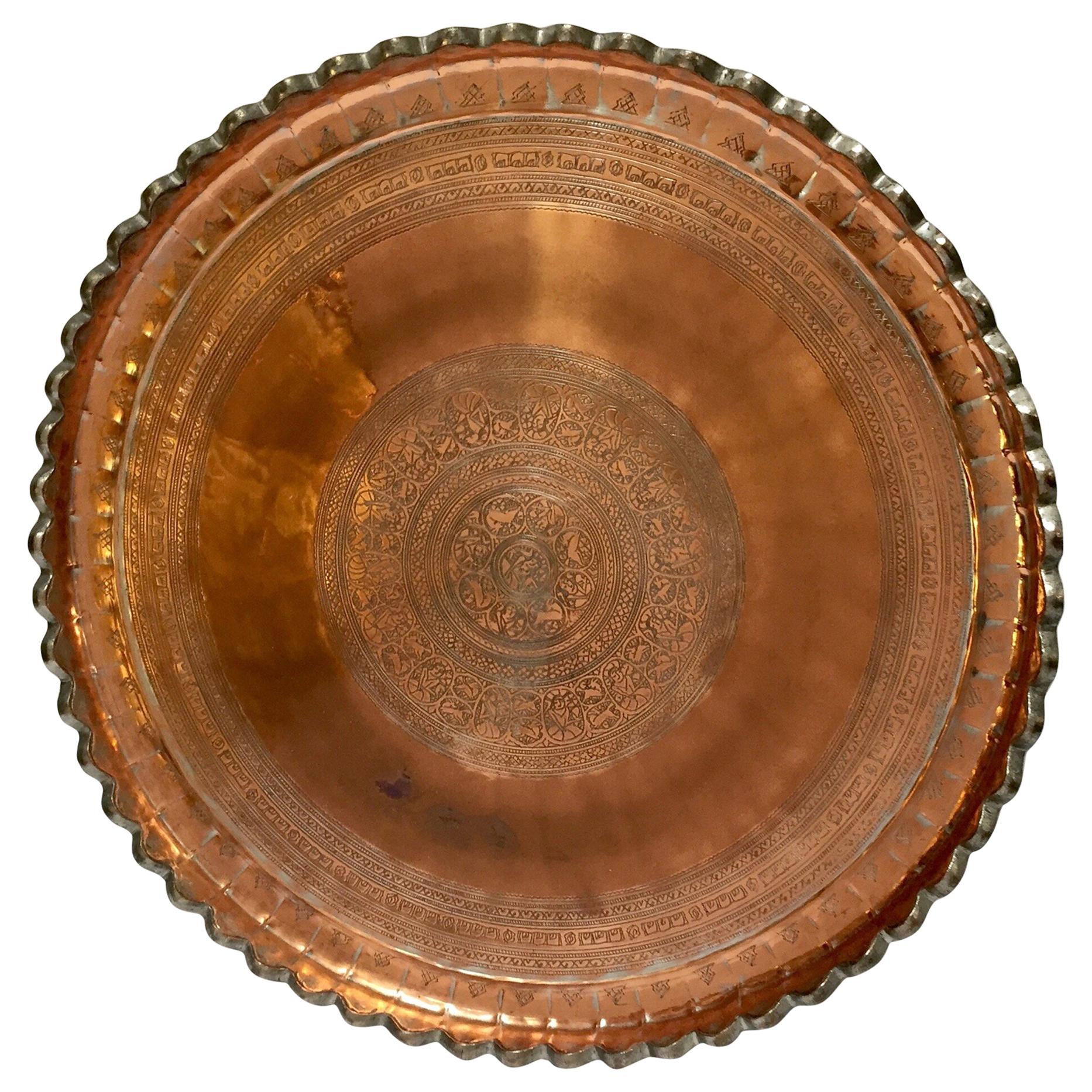 Indo Persian Tinned Copper Hanging Decorative Tray For Sale
