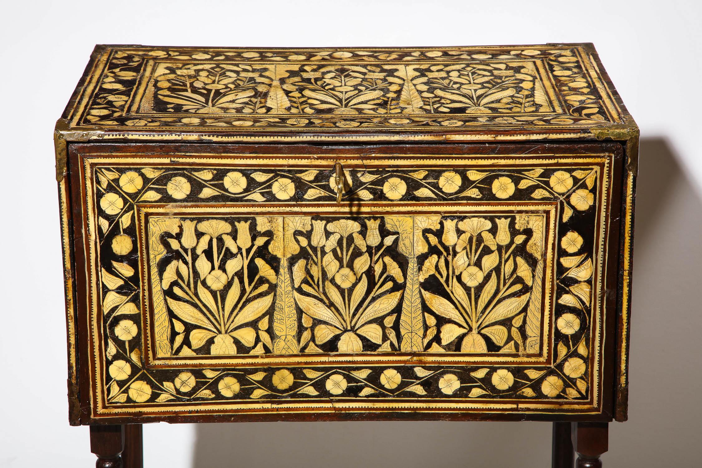 Anglo-Indian Indo-Portuguese Bone-Inlaid Fall Front Cabinet, Mughal India, 17th-18th Century