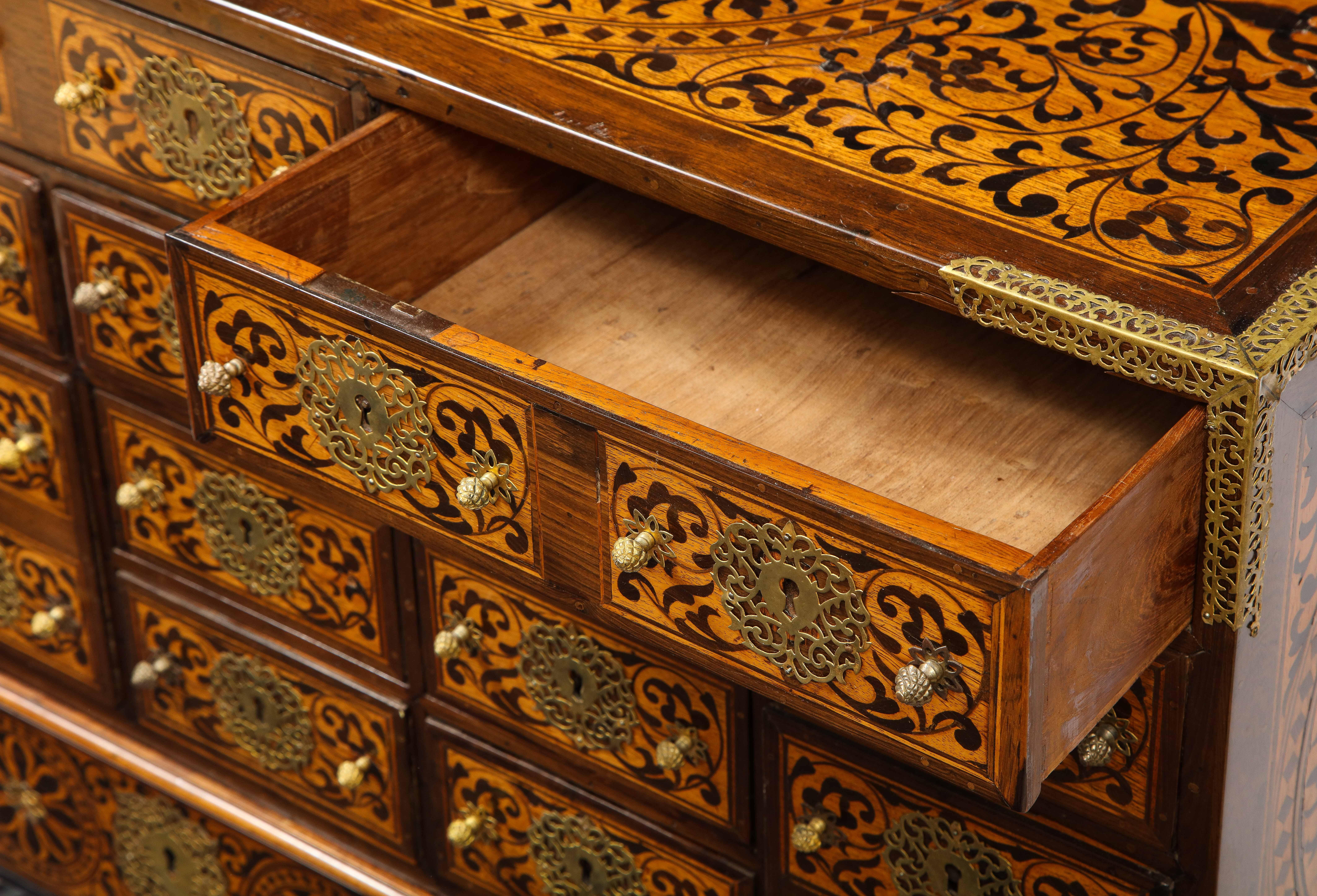 Anglo-Indian Indo-Portuguese Brass-Mounted Hardwood and Indian Wood Marquetry Cabinet For Sale