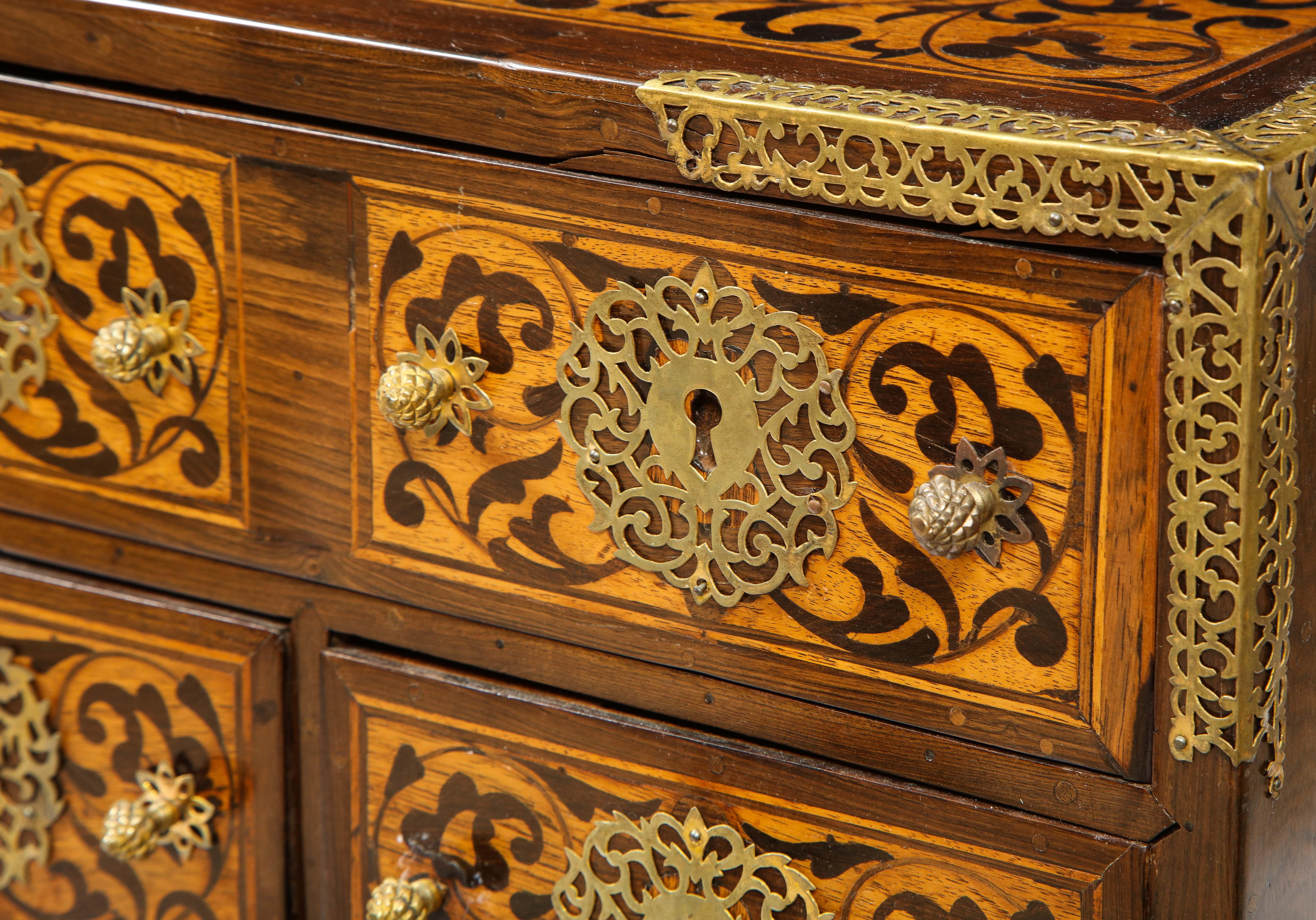 Indo-Portuguese Brass-Mounted Hardwood and Indian Wood Marquetry Cabinet In Good Condition For Sale In New York, NY