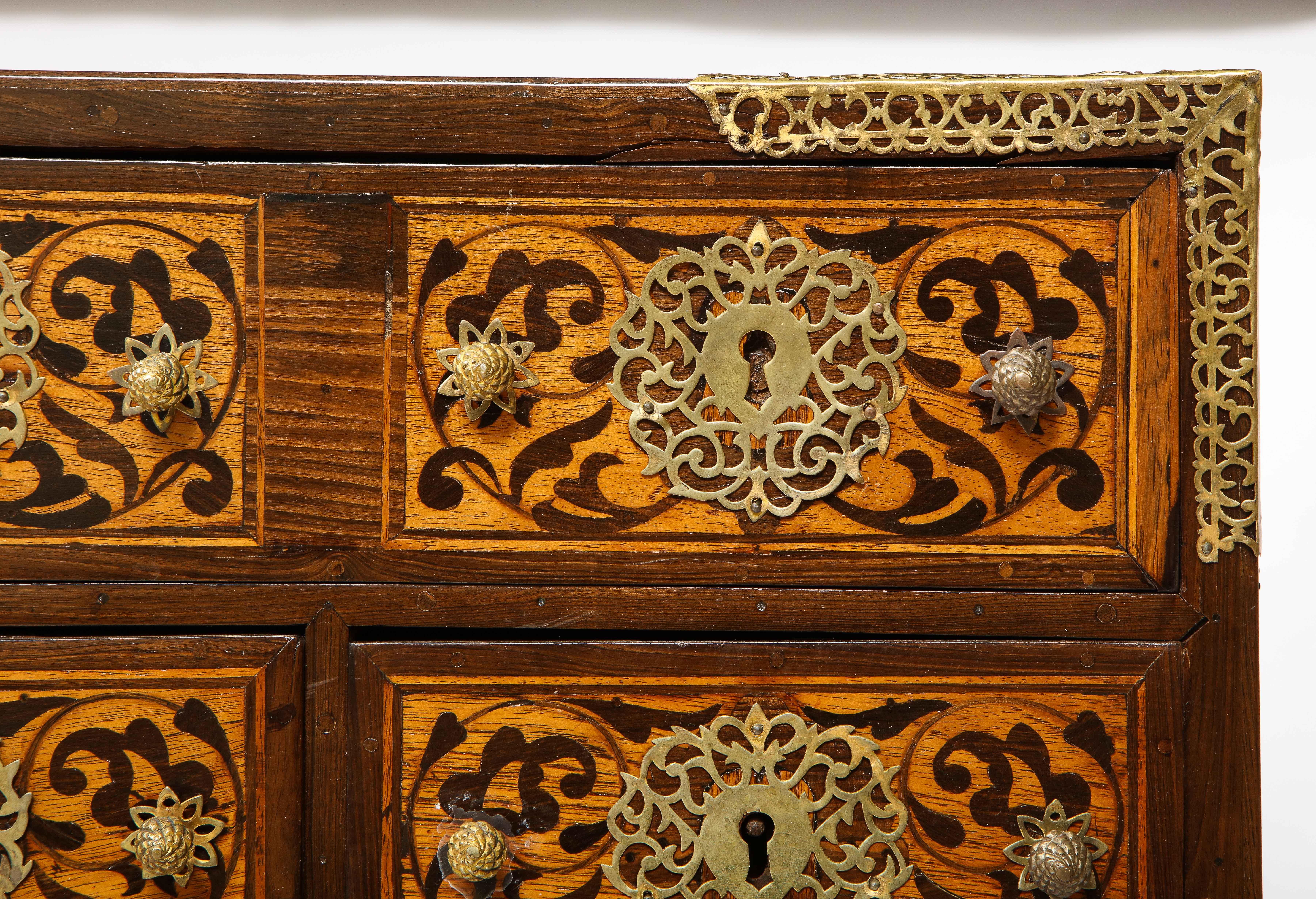 Late 17th Century Indo-Portuguese Brass-Mounted Hardwood and Indian Wood Marquetry Cabinet For Sale