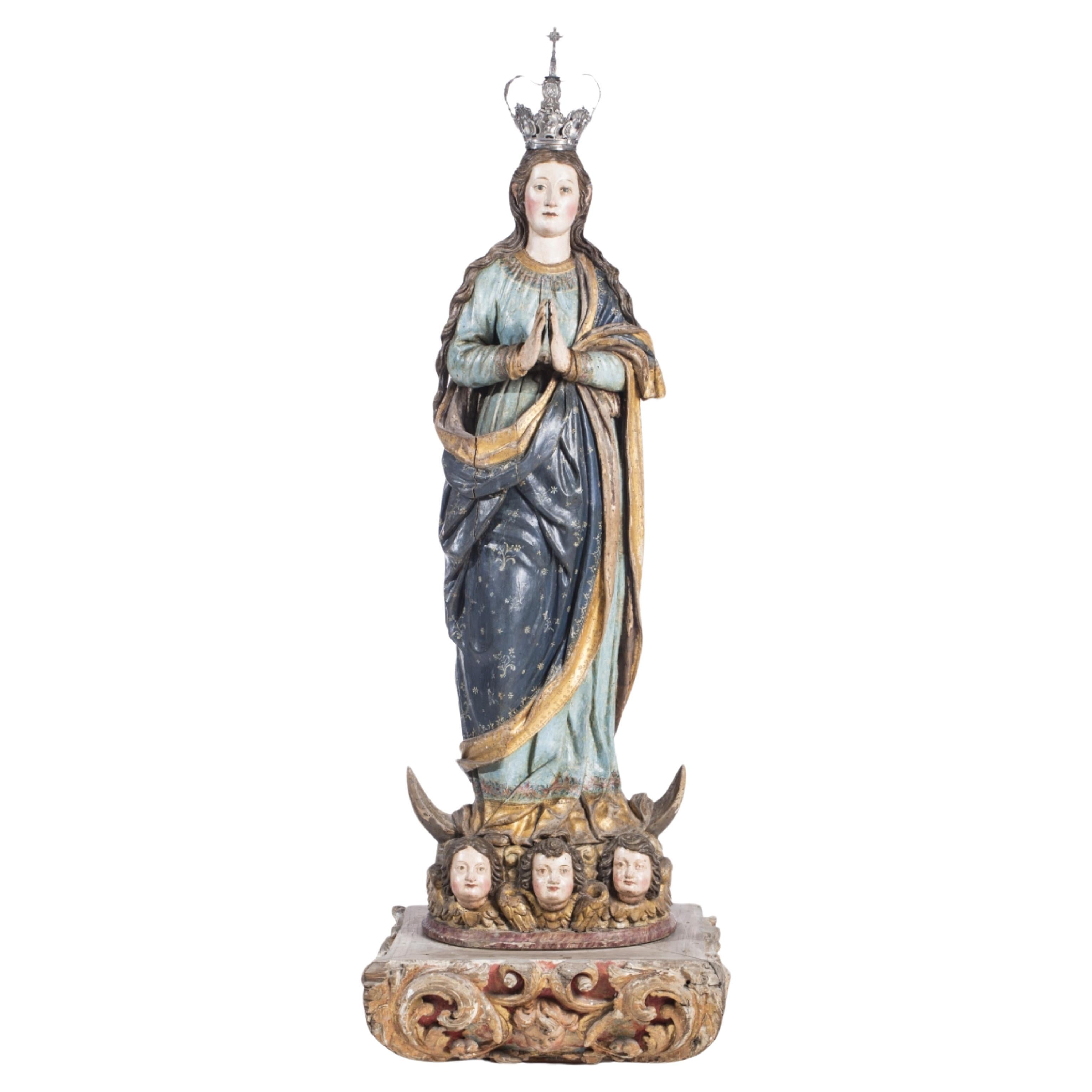 Sculpture indo-portugaise Lady Conception 17ème siècle, H 147 cm en vente