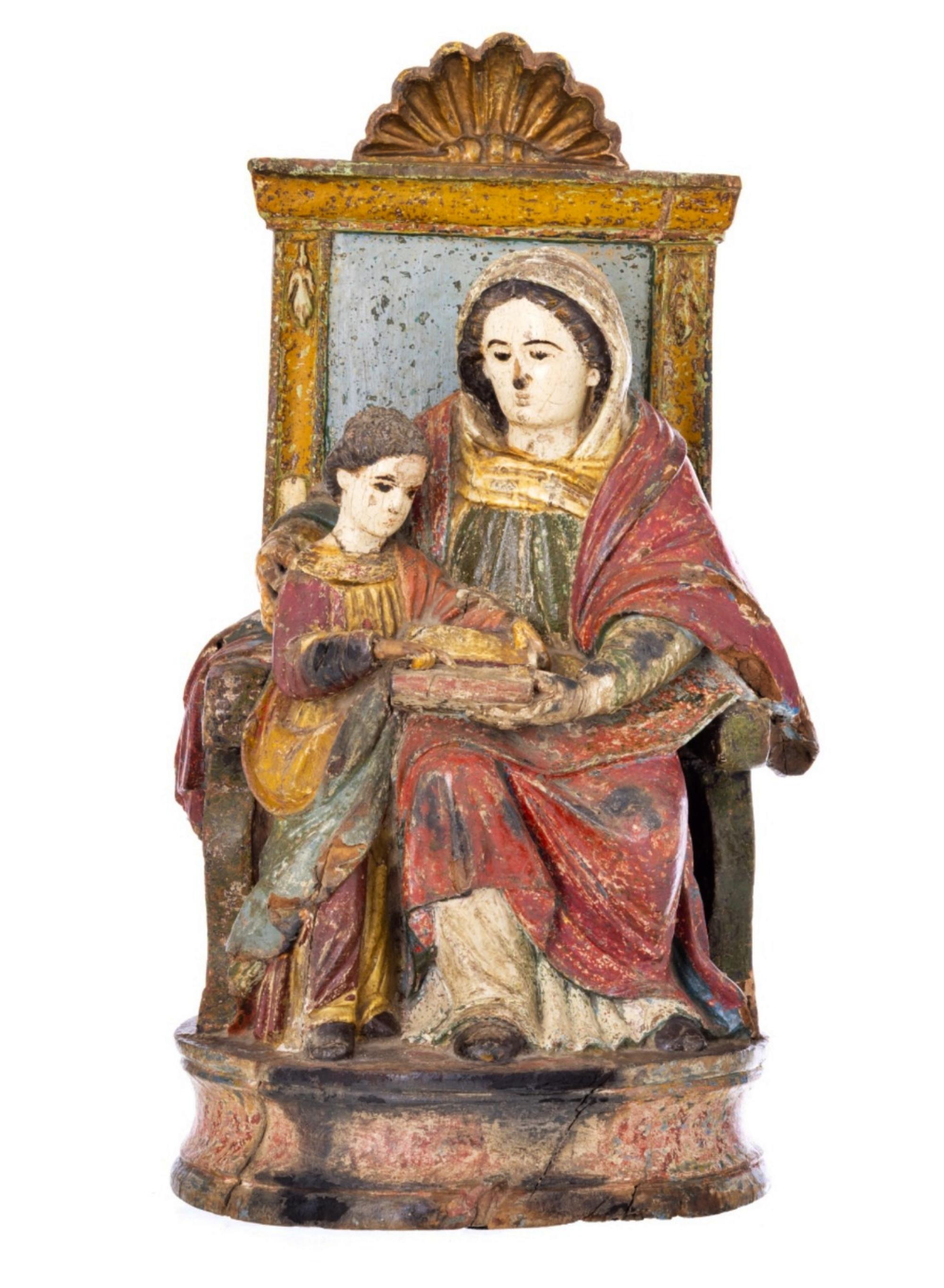 Hand-Crafted Indo-Portuguese Sculpture Saint Ana Teaching Our Lady to Read, 17th Century For Sale