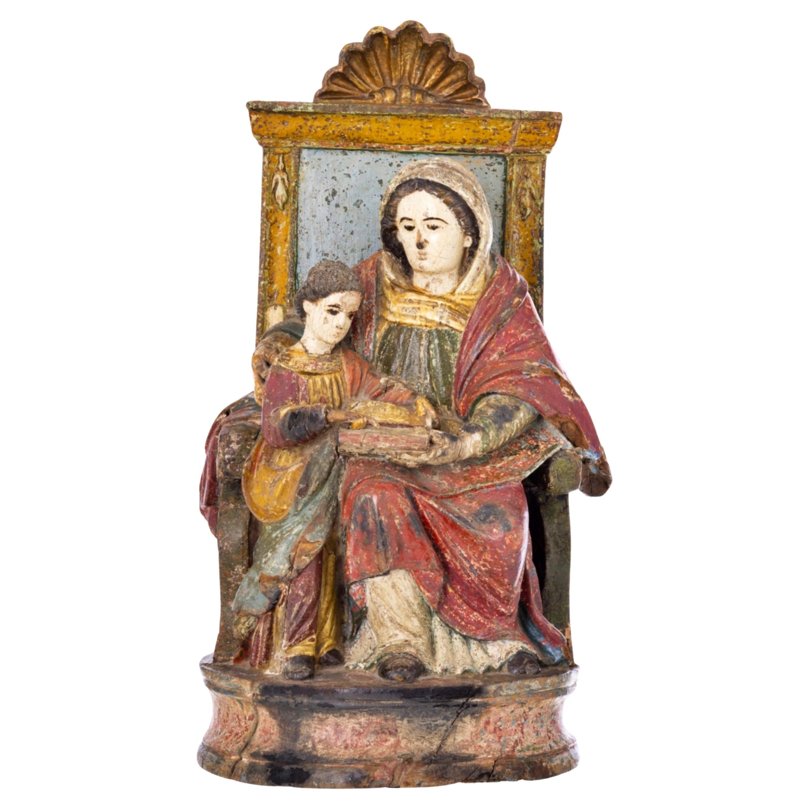 Indo-Portuguese Sculpture Saint Ana Teaching Our Lady to Read, 17th Century For Sale