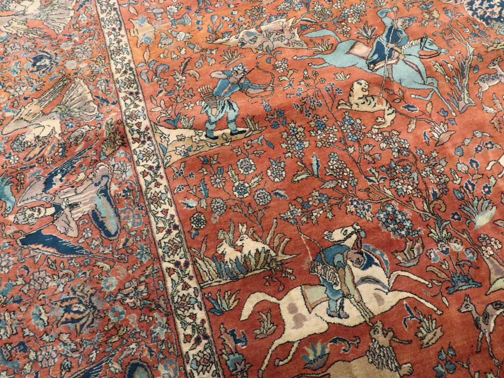 Indo-Tabriz Pictorial Carpet in the Style of the Persian Silk Vienna Hunting Rug In Excellent Condition In New York, NY