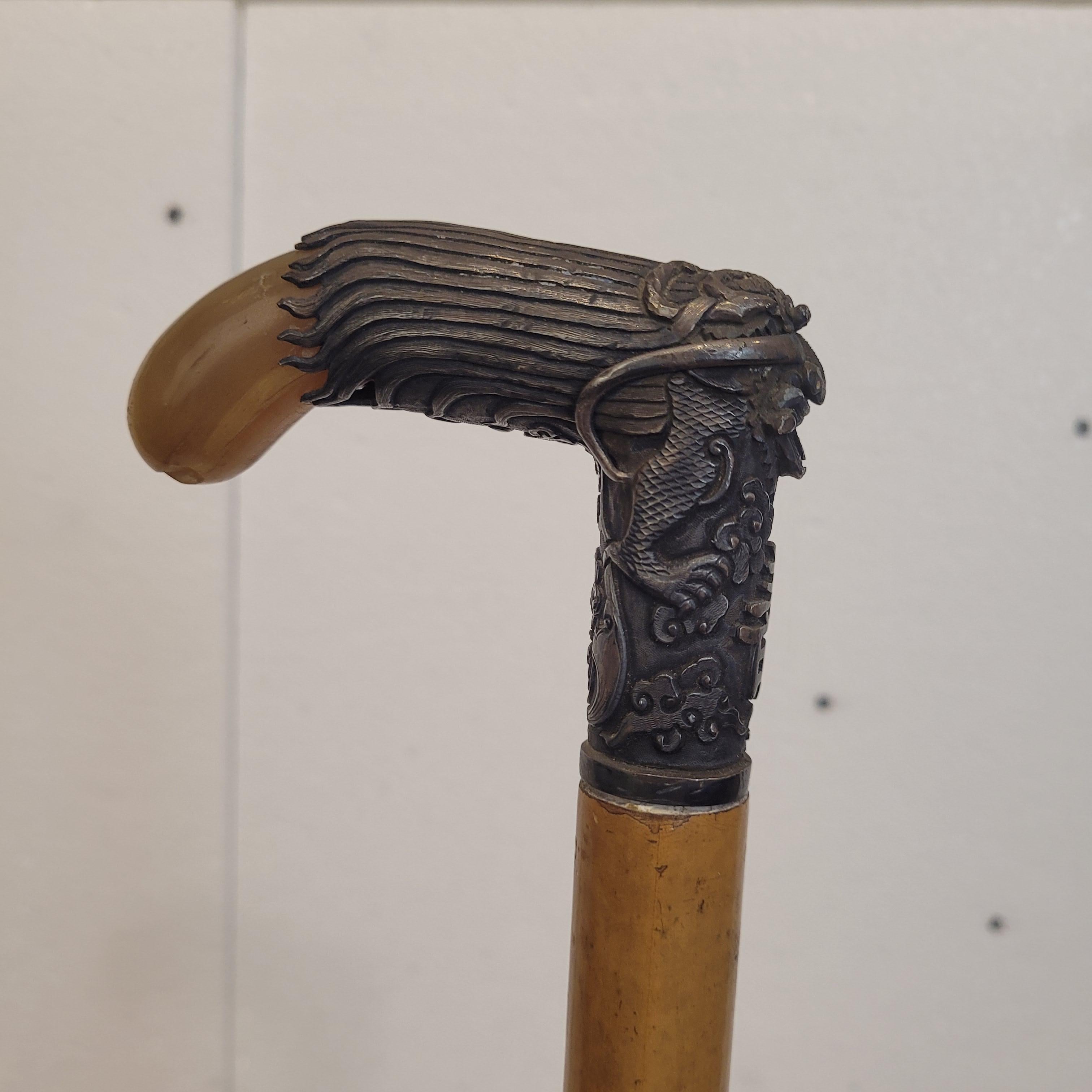 Indochina  Walking stick , Baston, Silver Wood and Antler For Sale 4