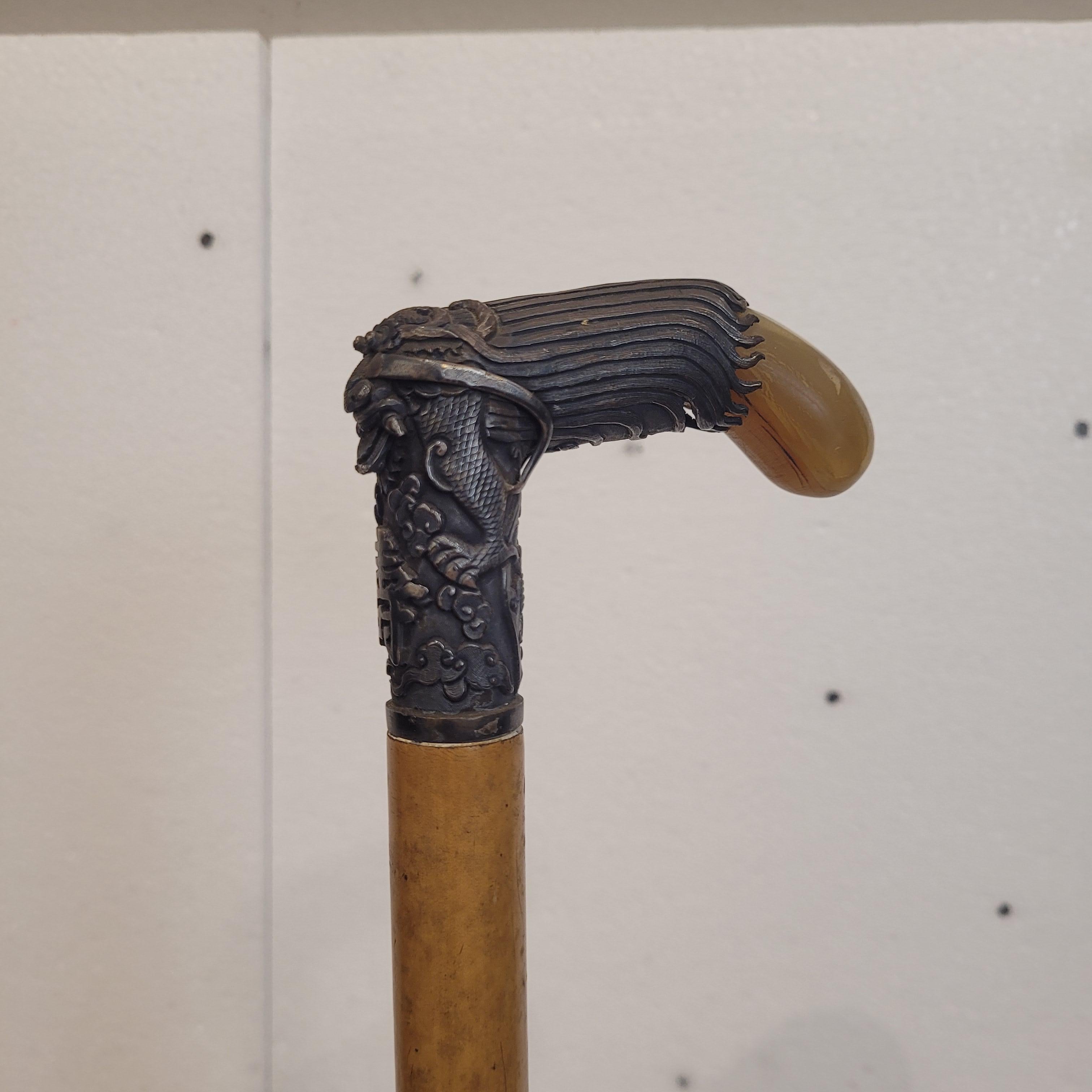 Indochina  Walking stick , Baston, Silver Wood and Antler For Sale 5