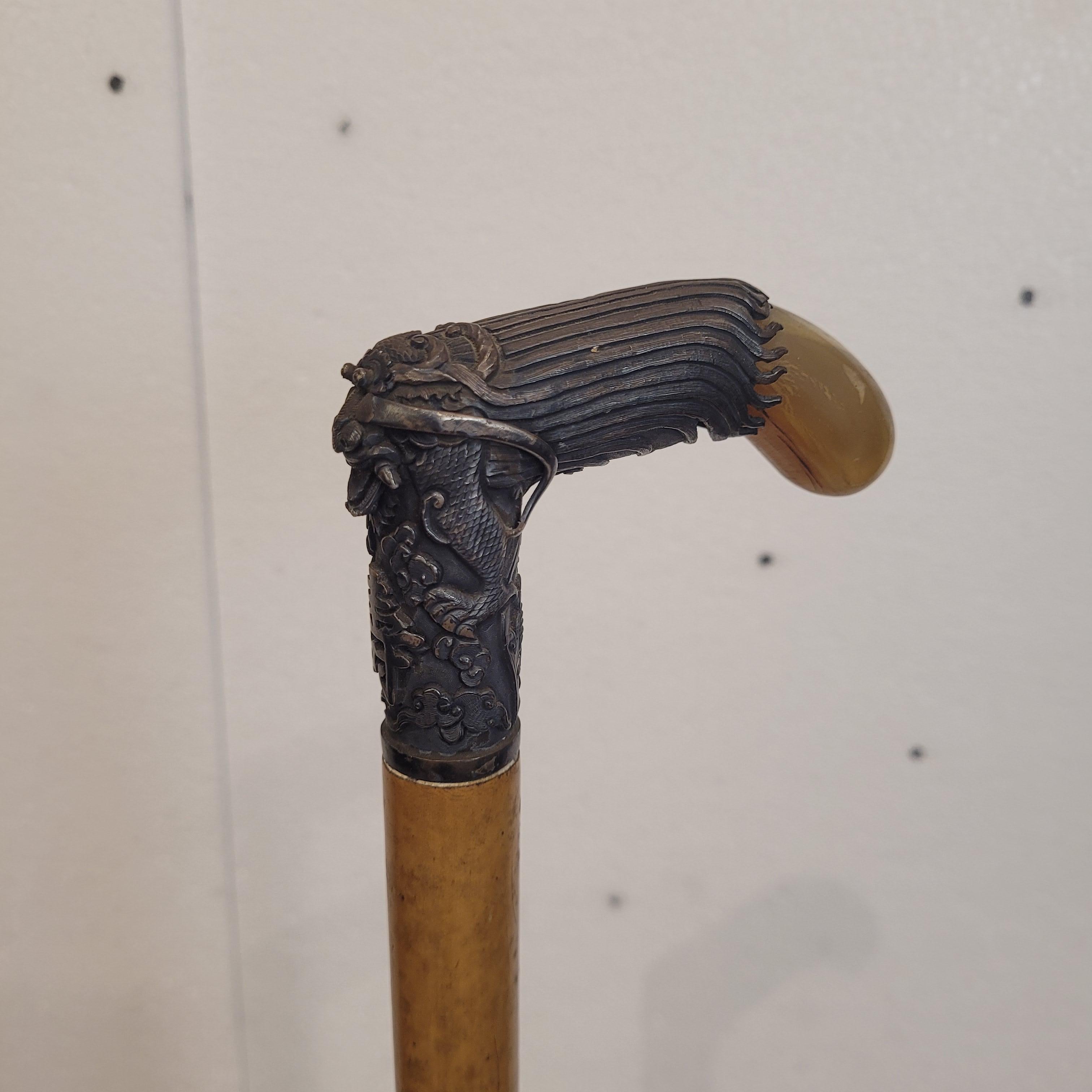 Indochina  Walking stick , Baston, Silver Wood and Antler For Sale 6