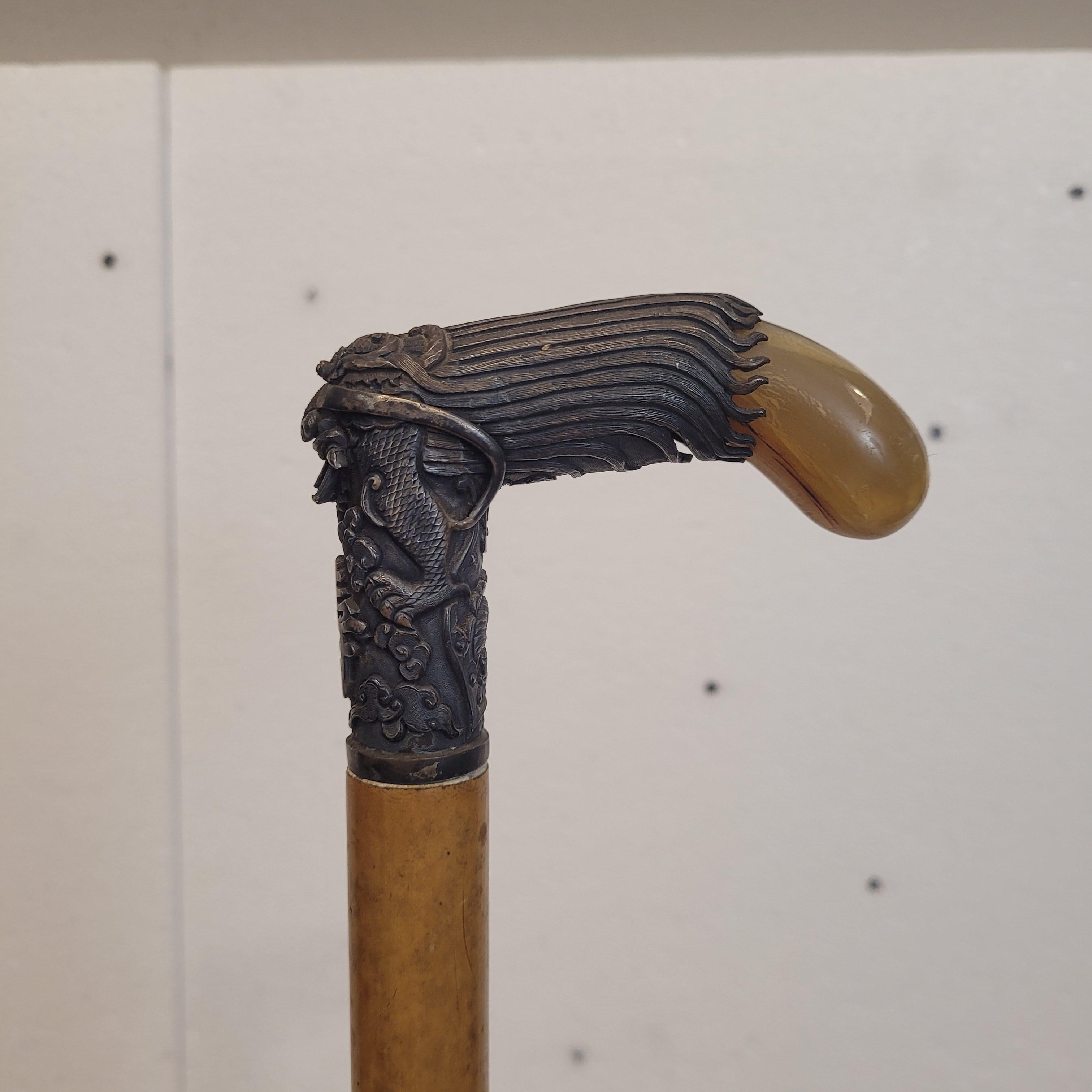 Indochina  Walking stick , Baston, Silver Wood and Antler For Sale 8