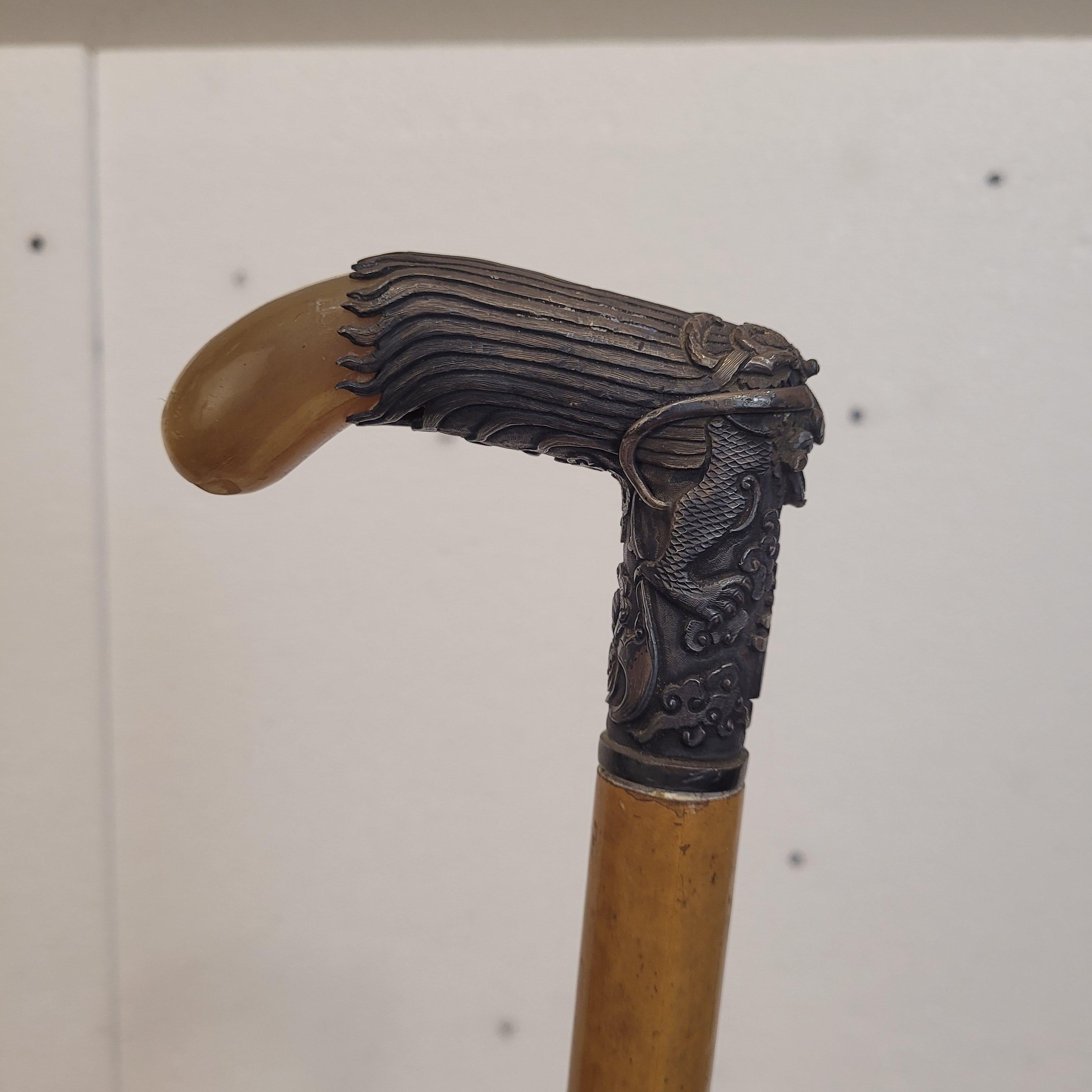 Indochina  Walking stick , Baston, Silver Wood and Antler For Sale 9