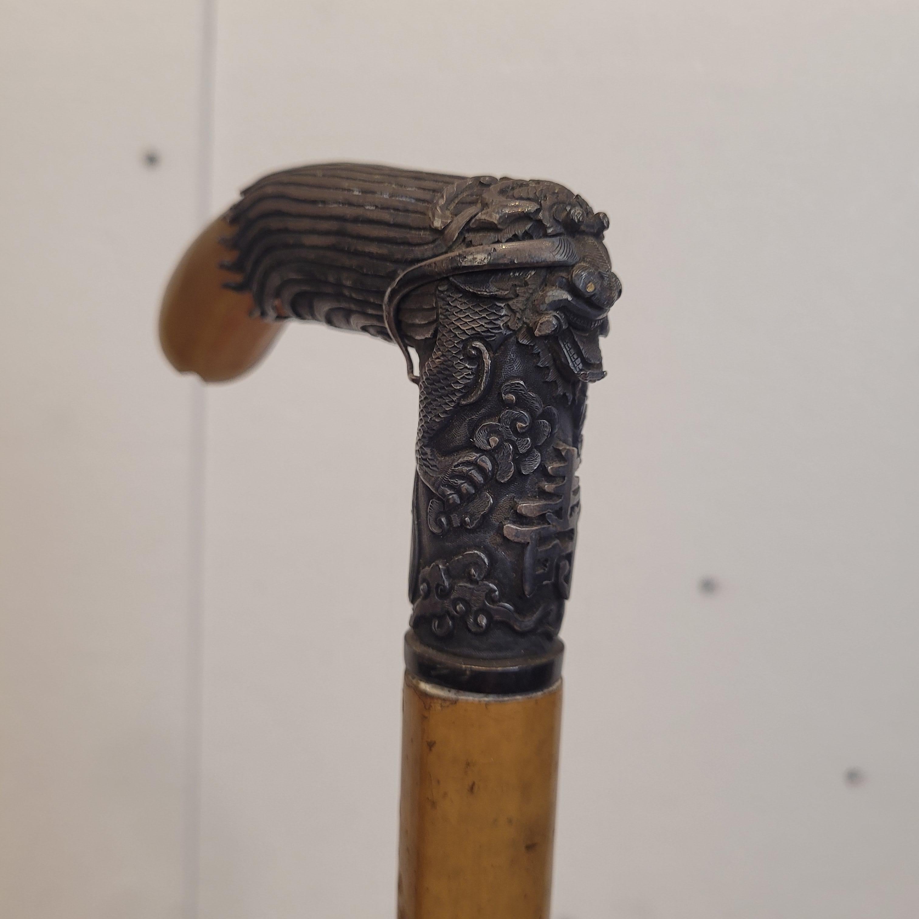 Indochina  Walking stick , Baston, Silver Wood and Antler For Sale 2