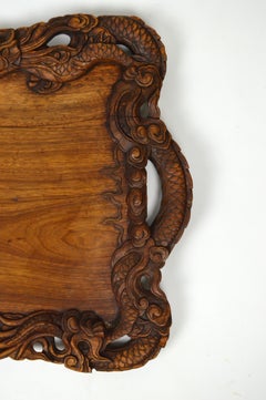 Indochinese Carved Wood Tray, Mythological Dragons Theme, circa 1900