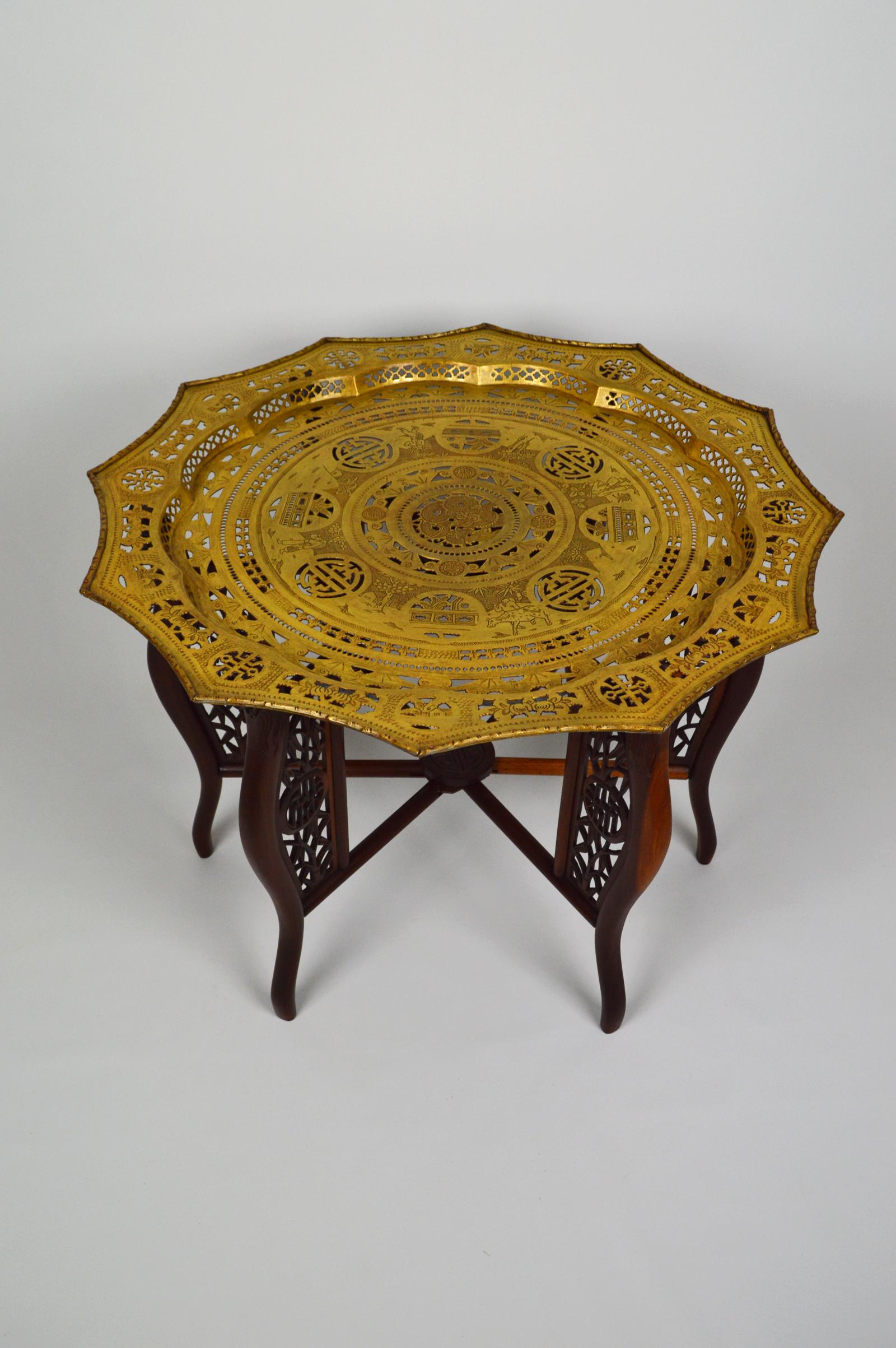 Japonisme Indochinese Dragons Carved Table with Brassware Tray Top, 1890s For Sale