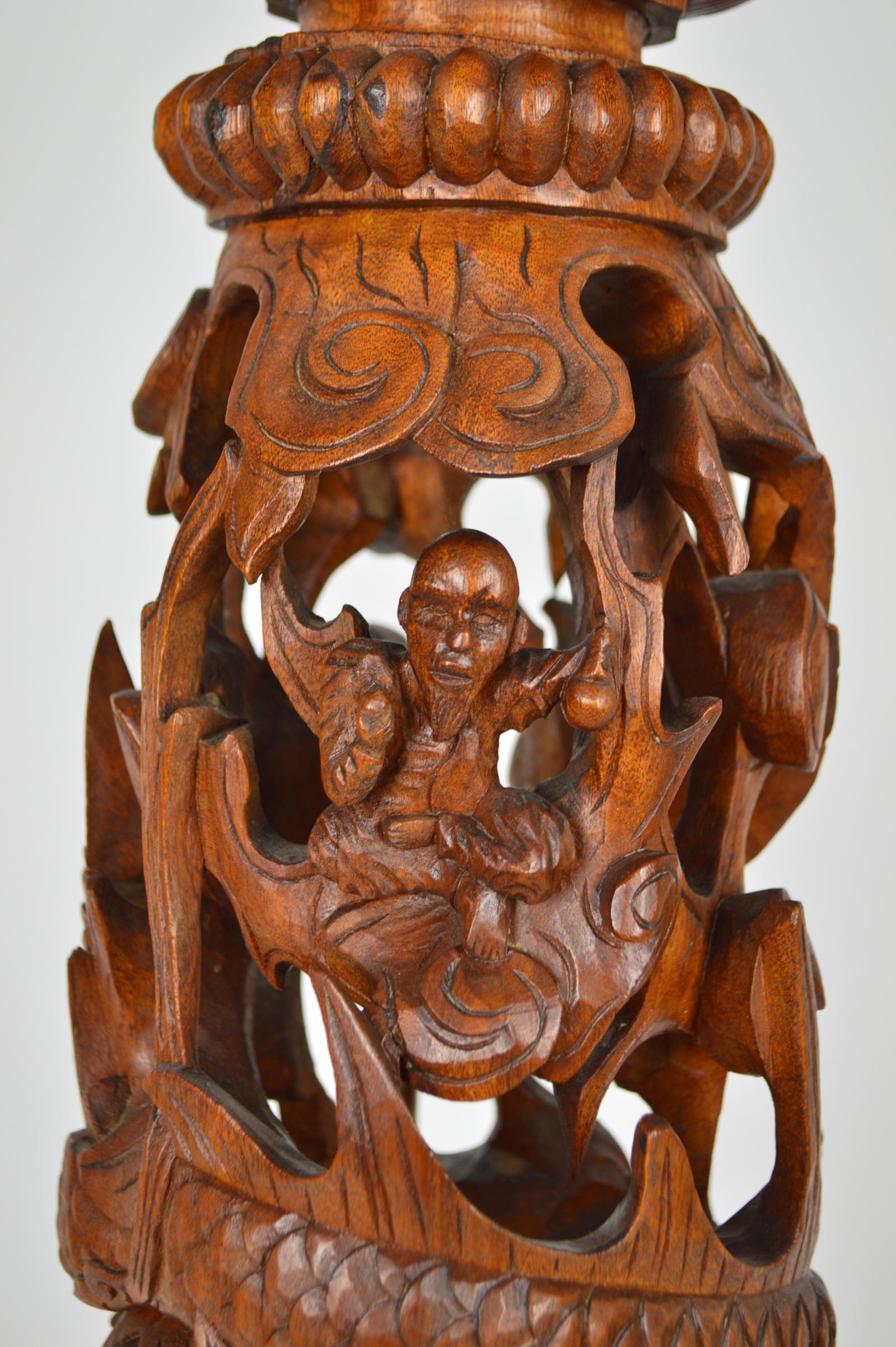 Indochinese Pedestal Table / Pot Stand in Carved Wood, Mythological Theme, 1890s For Sale 11